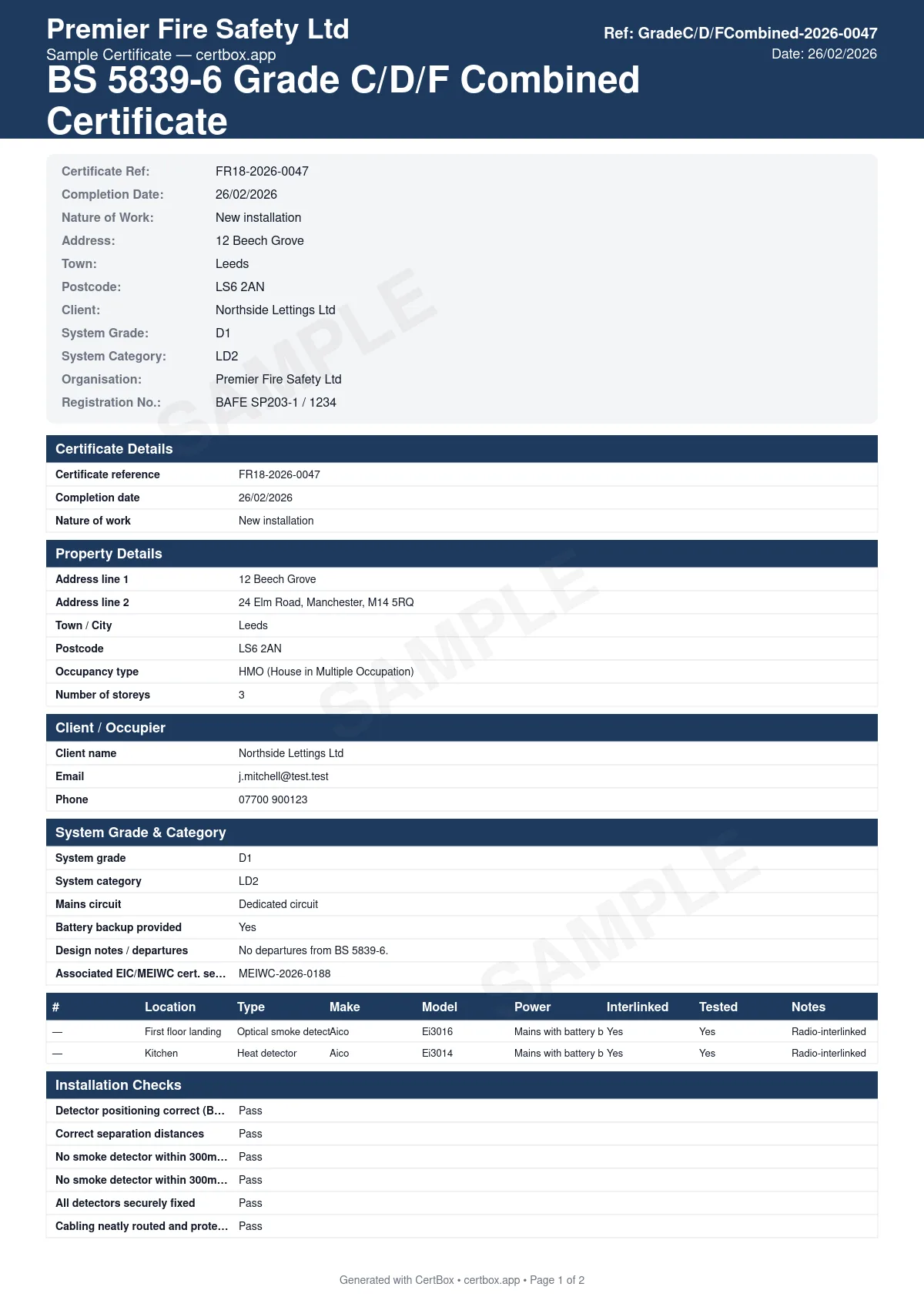 Sample BS 5839-6 Grade C/D/F Combined Certificate certificate created with CertBox, showing the professional PDF layout with system grade (c/d/f) and category, detector schedule with locations, correct positioning per bs 5839-6