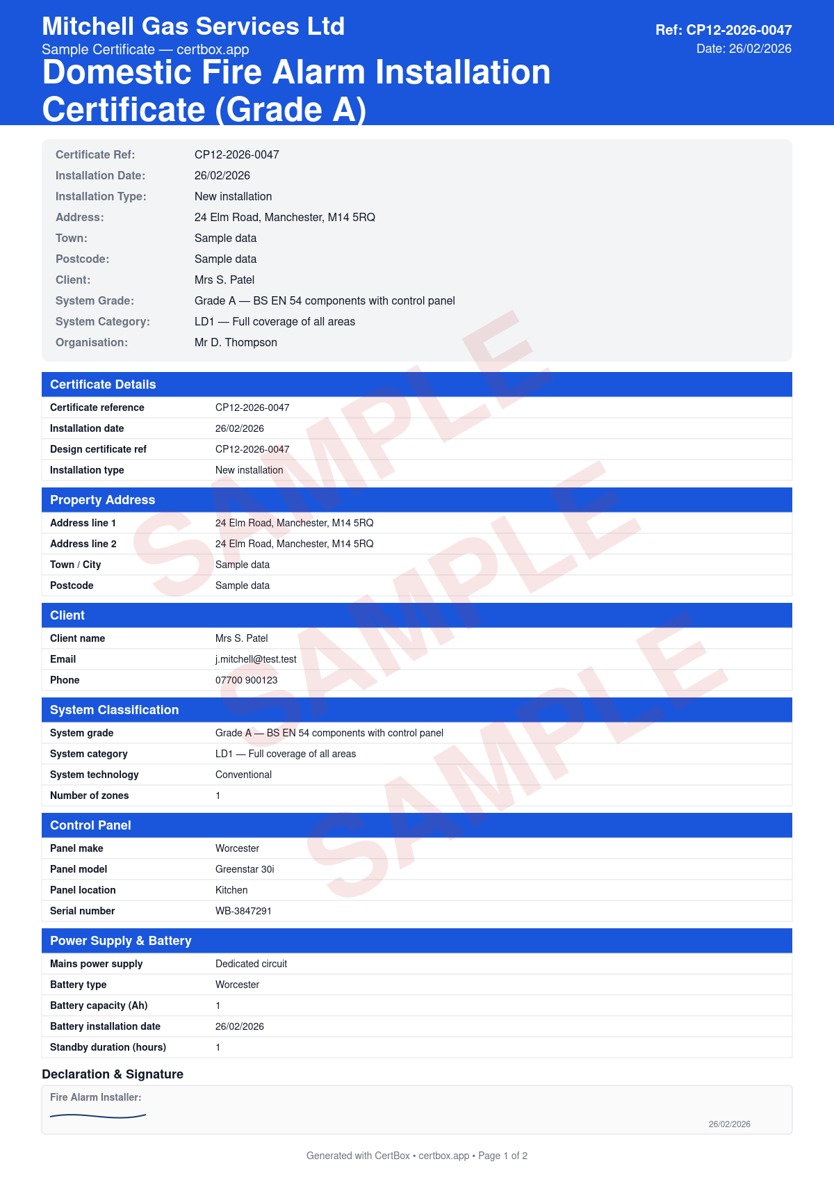 Sample BS 5839-6 Domestic Fire Alarm Installation Certificate (Grade A) certificate created with CertBox, showing the professional PDF layout with control panel make, model, and location, device schedule with locations, wiring type and fire resistance
