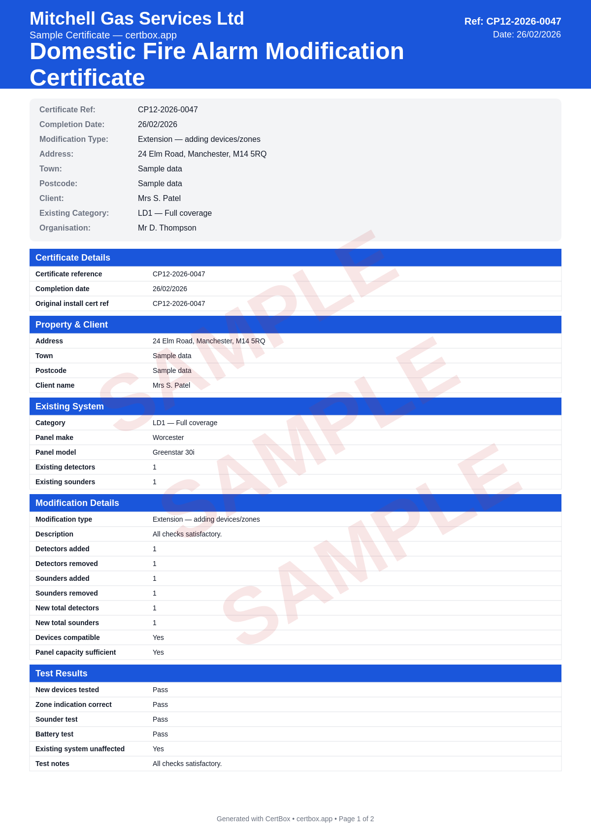 Sample BS 5839-6 Domestic Fire Alarm Modification Certificate (Grade A) certificate created with CertBox, showing the professional PDF layout with existing system details, modification scope and reason, device additions/removals
