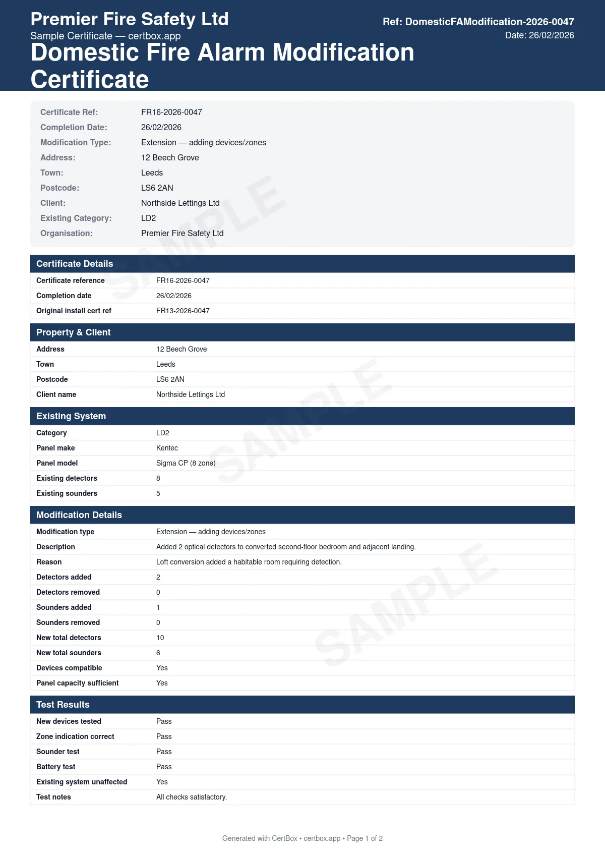 Sample BS 5839-6 Domestic Fire Alarm Modification Certificate (Grade A) certificate created with CertBox, showing the professional PDF layout with existing system details, modification scope and reason, device additions/removals