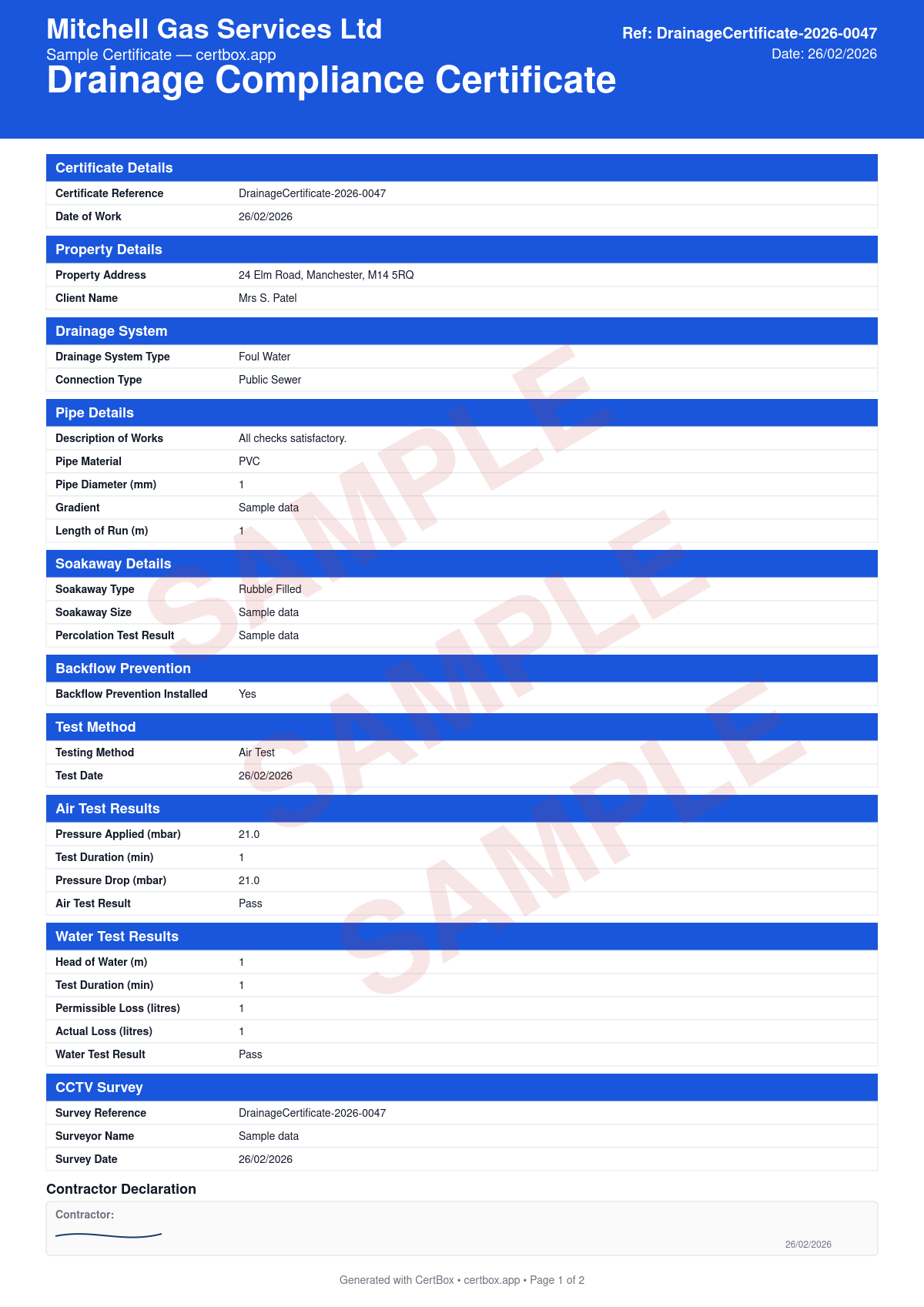 Sample Drainage Compliance Certificate certificate created with CertBox, showing the professional PDF layout with drainage system layout and connections, pipe sizing and gradients, inspection chamber and manhole details
