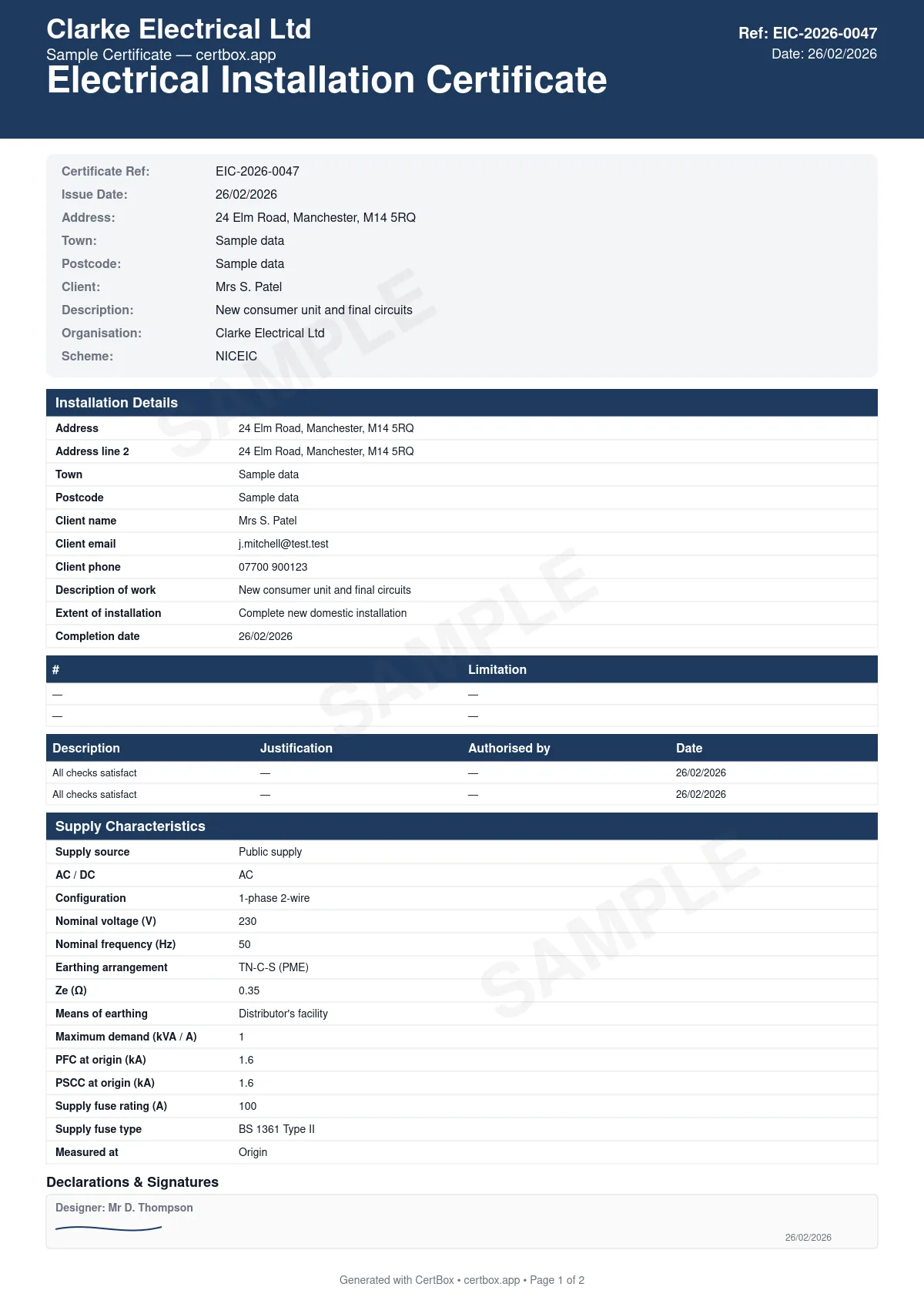 Sample Electrical Installation Certificate (EIC) certificate created with CertBox, showing the professional PDF layout with details of the electrical installation and circuits, design, construction, and inspection verification, schedule of test results (zs, insulation resistance, rcd trip times)