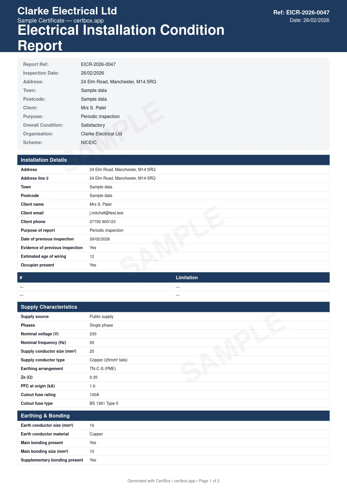 A finished Electrical Installation Condition Report (EICR)