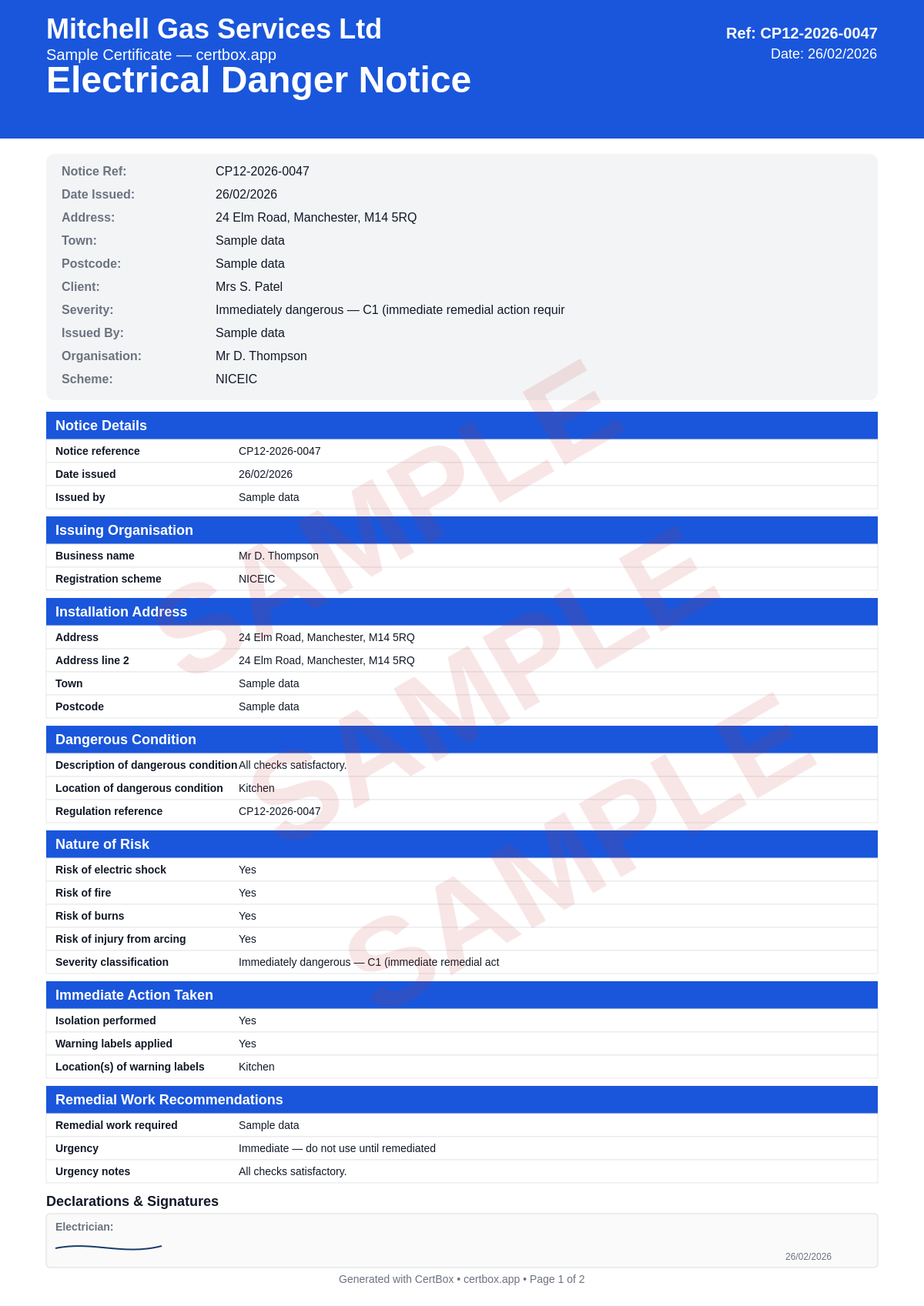 Sample Electrical Danger Notice certificate created with CertBox, showing the professional PDF layout with description and location of danger, nature of risk (shock/fire/burns), severity classification