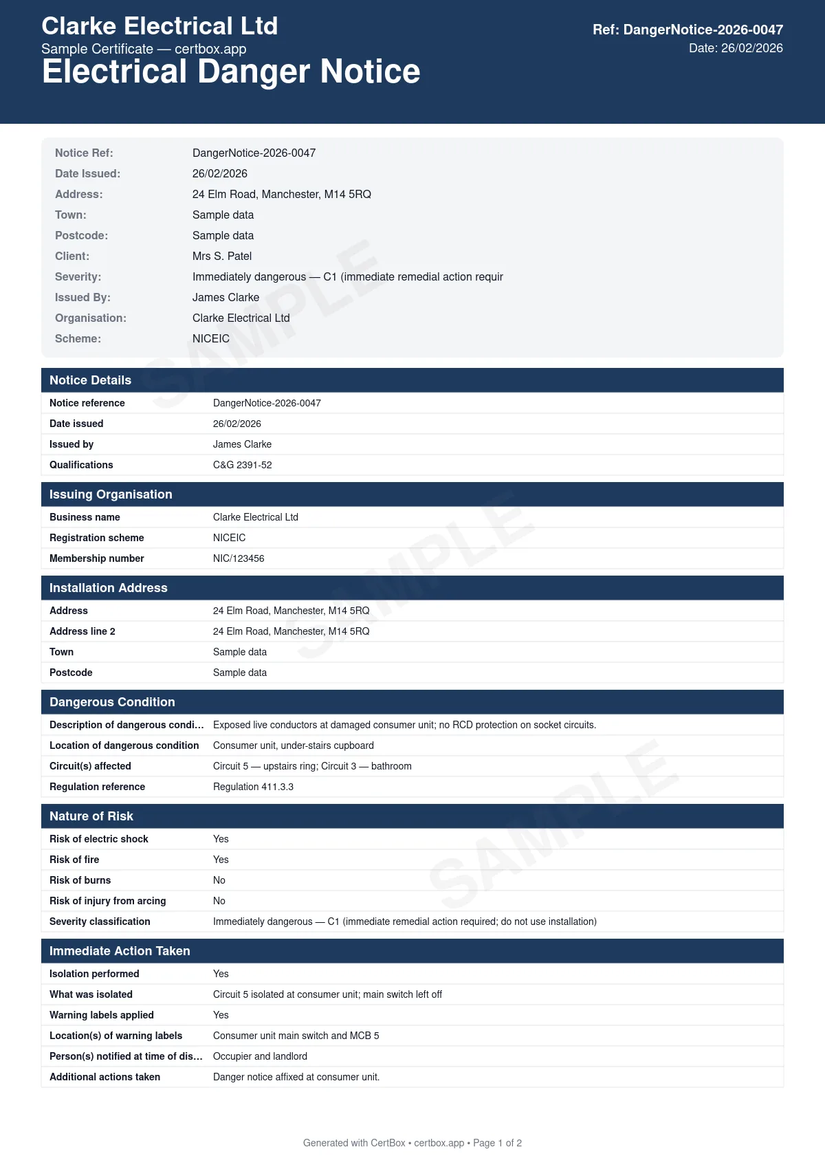 Sample Electrical Danger Notice certificate created with CertBox, showing the professional PDF layout with description and location of danger, nature of risk (shock/fire/burns), severity classification