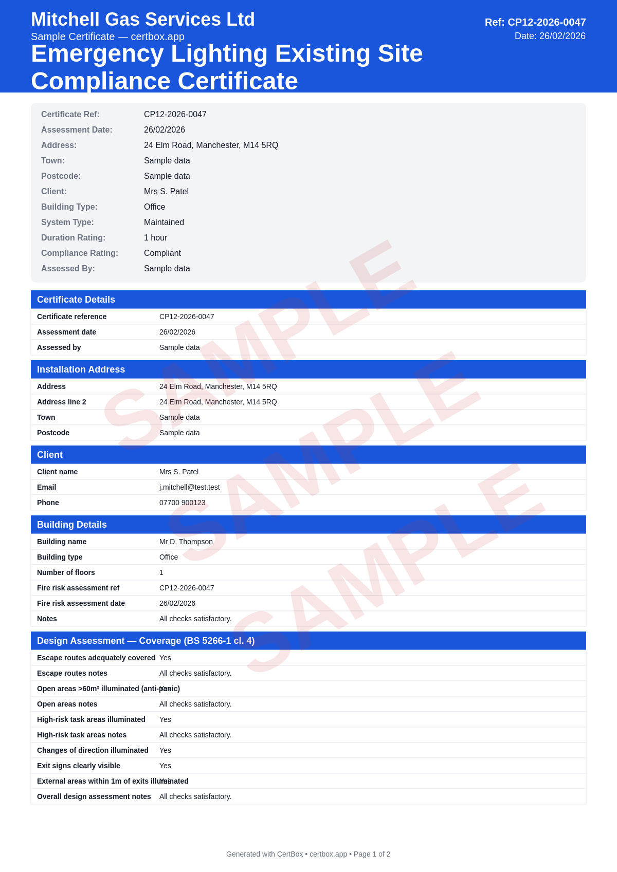 Sample Emergency Lighting Existing Site Compliance Certificate certificate created with CertBox, showing the professional PDF layout with escape route coverage assessment, open area and high-risk task area coverage, exit sign visibility