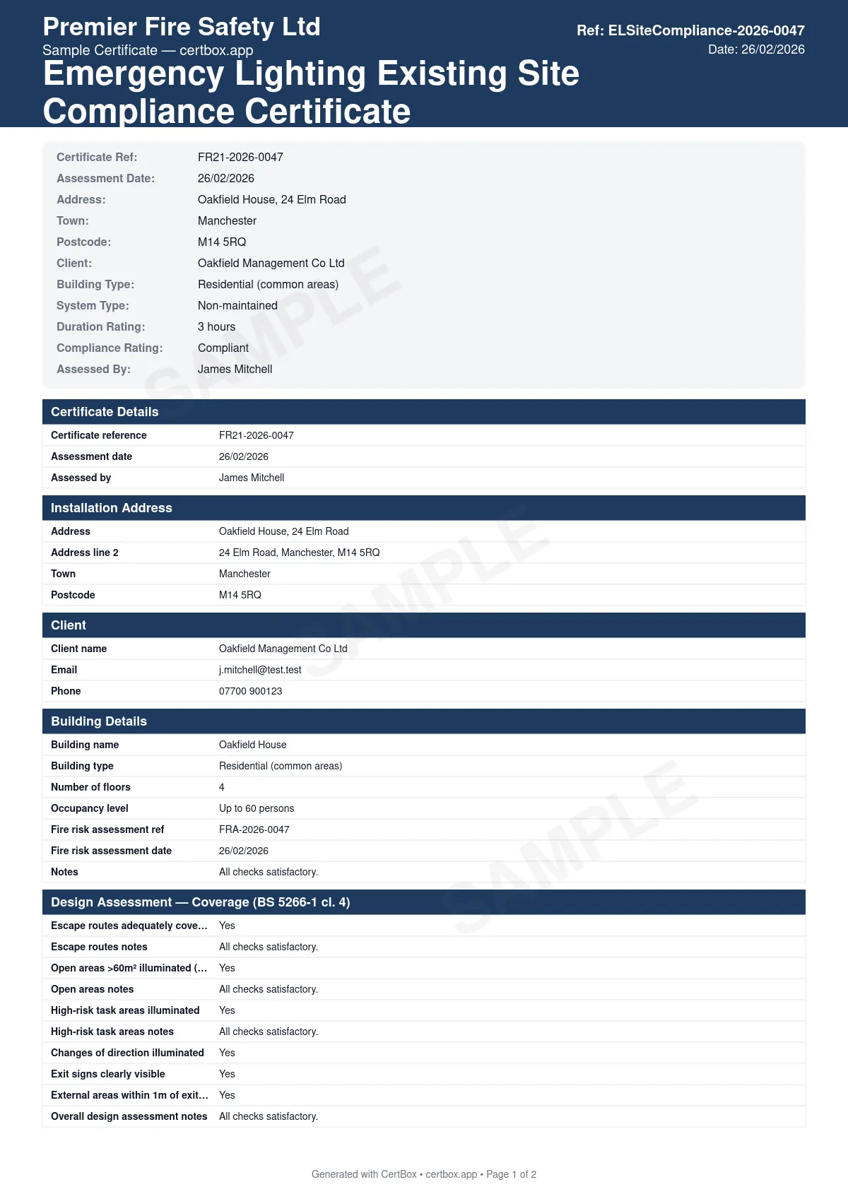 Sample Emergency Lighting Existing Site Compliance Certificate certificate created with CertBox, showing the professional PDF layout with escape route coverage assessment, open area and high-risk task area coverage, exit sign visibility