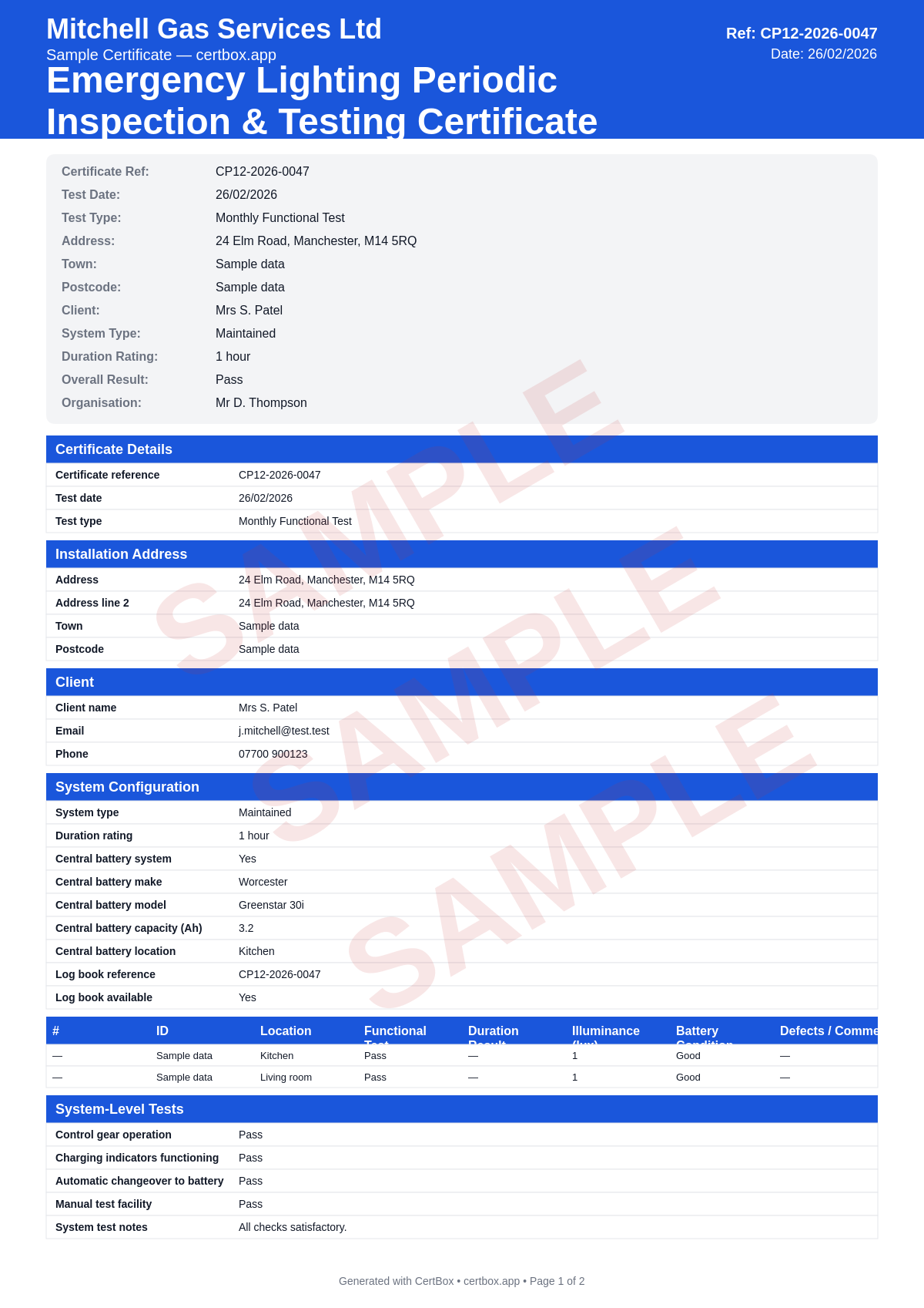 Sample Emergency Lighting Periodic Inspection & Testing Certificate certificate created with CertBox, showing the professional PDF layout with test type (monthly/annual/3-yearly), individual luminaire test results, duration test results