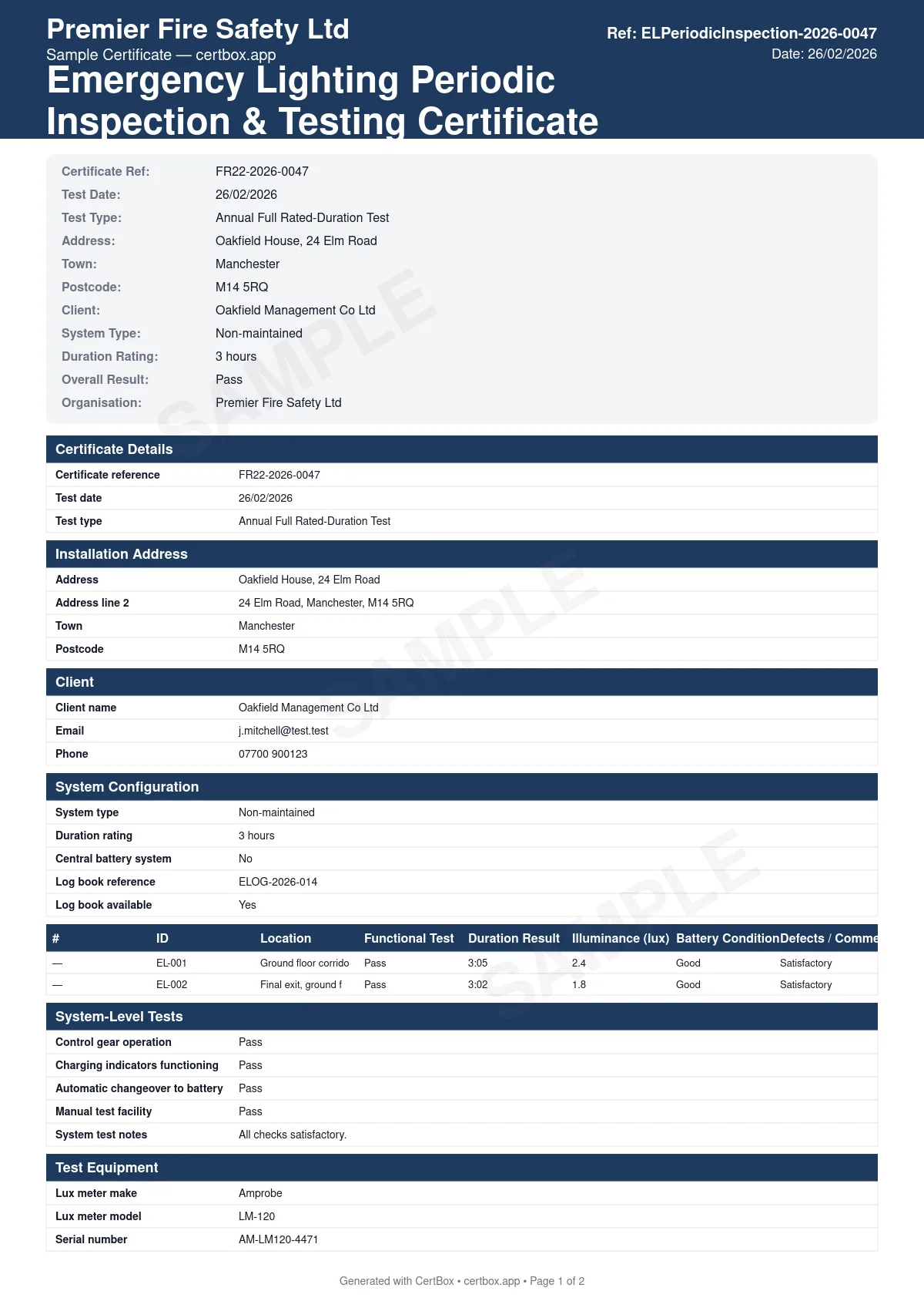 Sample Emergency Lighting Periodic Inspection & Testing Certificate certificate created with CertBox, showing the professional PDF layout with test type (monthly / annual full duration), individual luminaire test results, duration test results