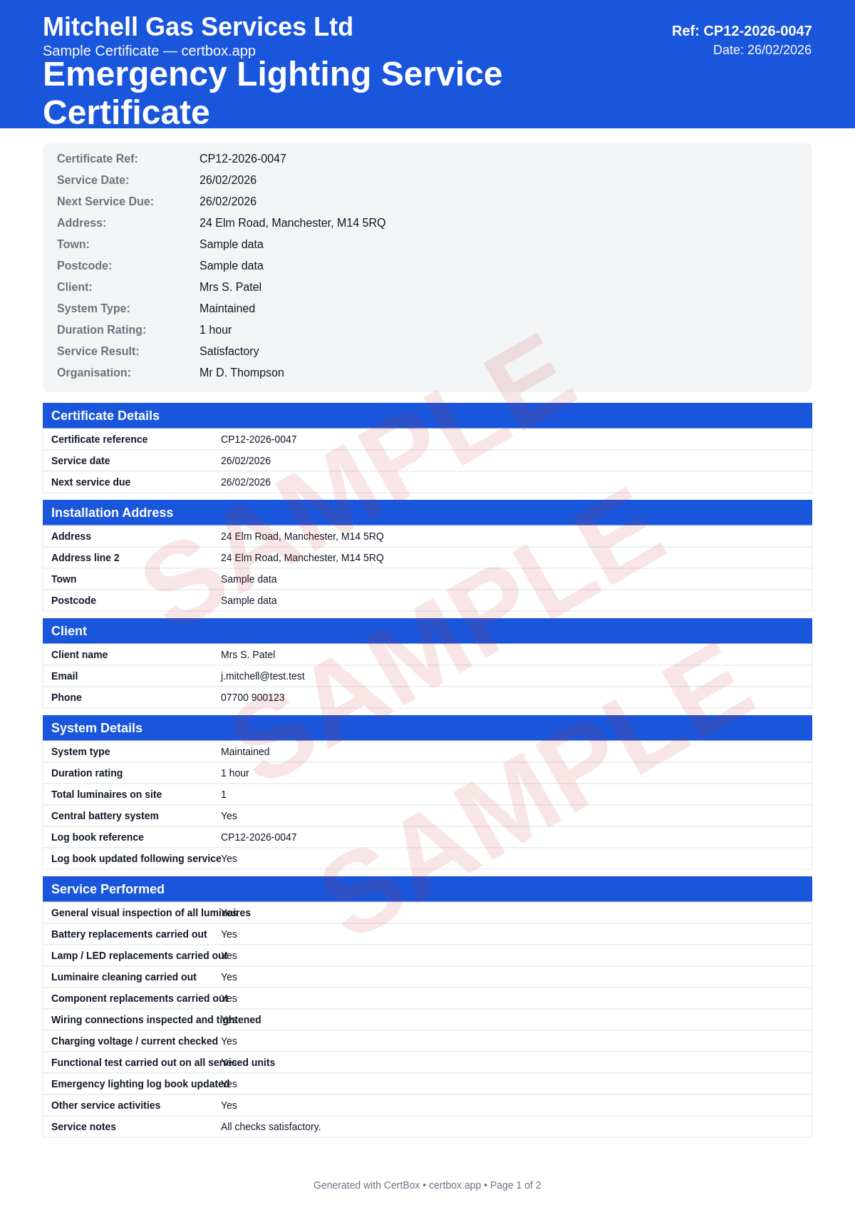 Sample Emergency Lighting Service Certificate certificate created with CertBox, showing the professional PDF layout with service tasks performed, battery replacements with dates, lamp and component replacements