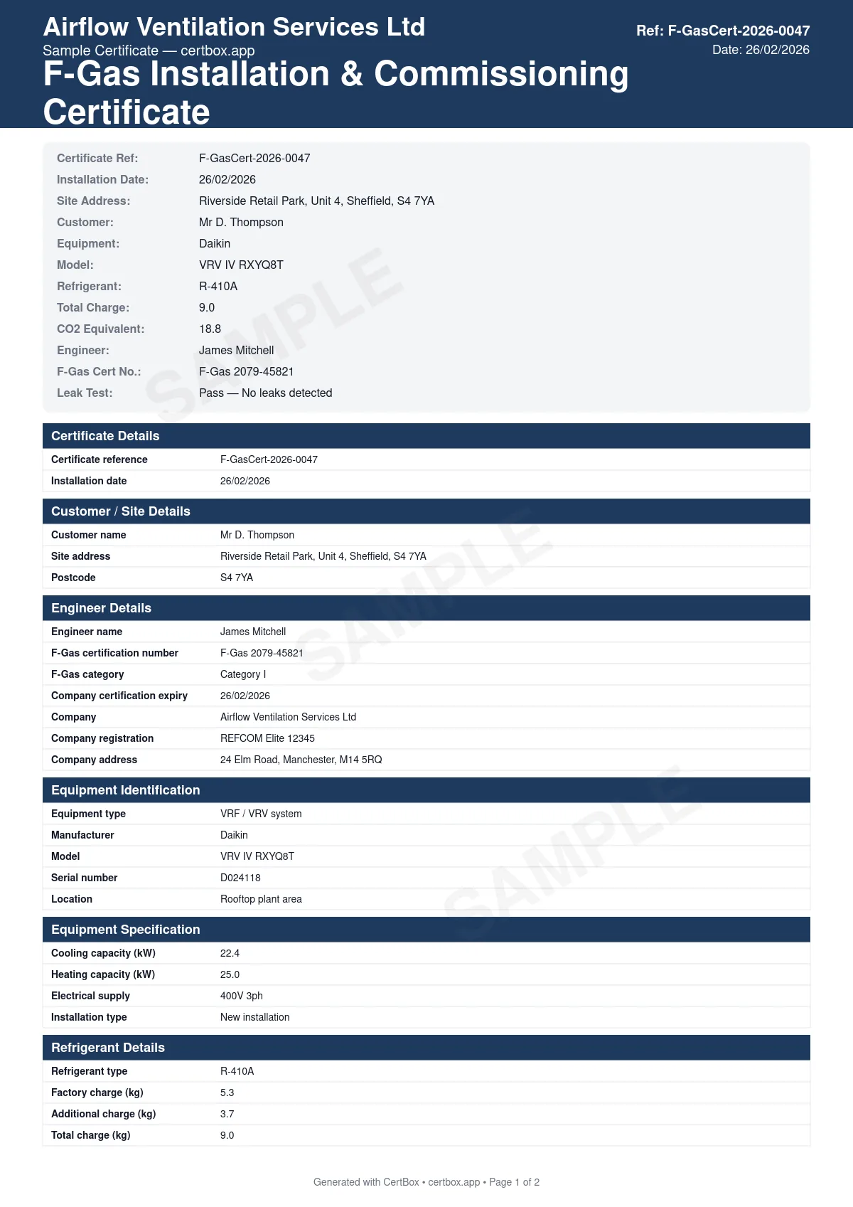 Sample F-Gas Installation & Commissioning Certificate certificate created with CertBox, showing the professional PDF layout with refrigerant type and gwp, charge quantity (kg and tco2e), leak testing results