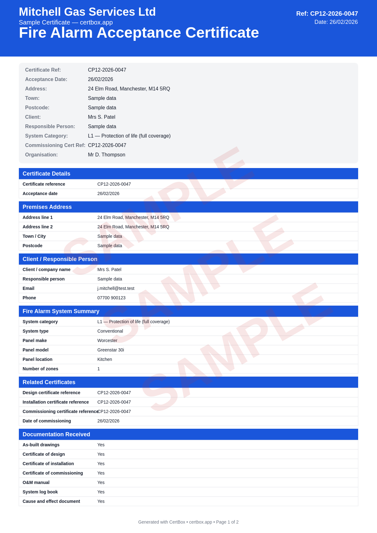 Sample Fire Alarm Acceptance Certificate (BS 5839-1) certificate created with CertBox, showing the professional PDF layout with documentation handover checklist, system demonstration confirmation, user training records