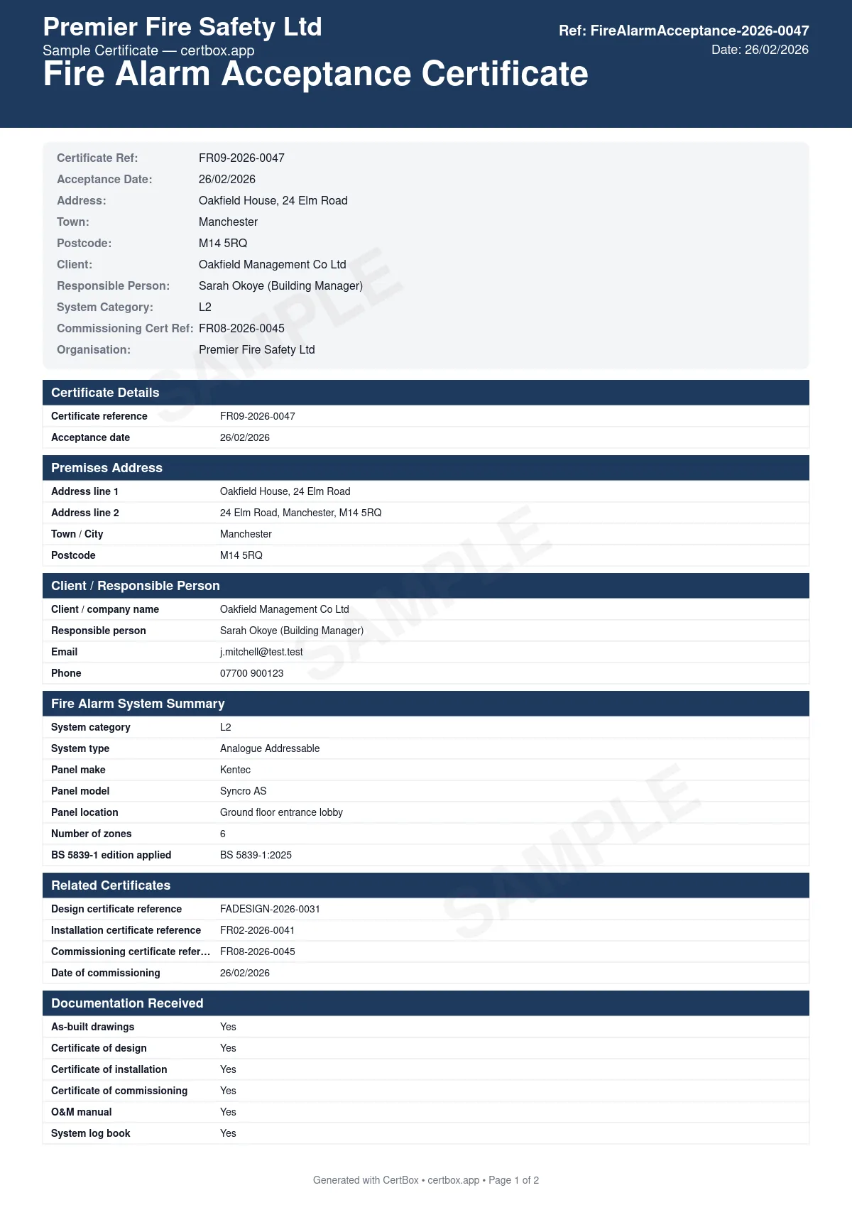Sample Fire Alarm Acceptance Certificate (BS 5839-1) certificate created with CertBox, showing the professional PDF layout with documentation handover checklist, system demonstration confirmation, user training records