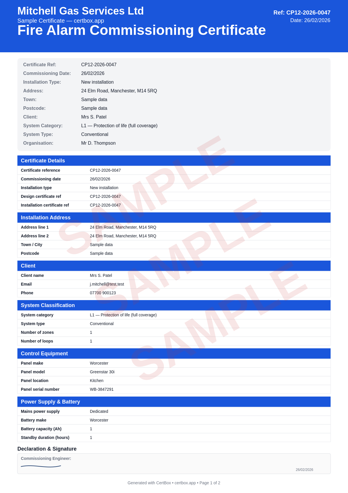 Sample Fire Alarm Commissioning Certificate (BS 5839-1) certificate created with CertBox, showing the professional PDF layout with individual device activation tests, sounder db measurements per area, battery standby and alarm duration