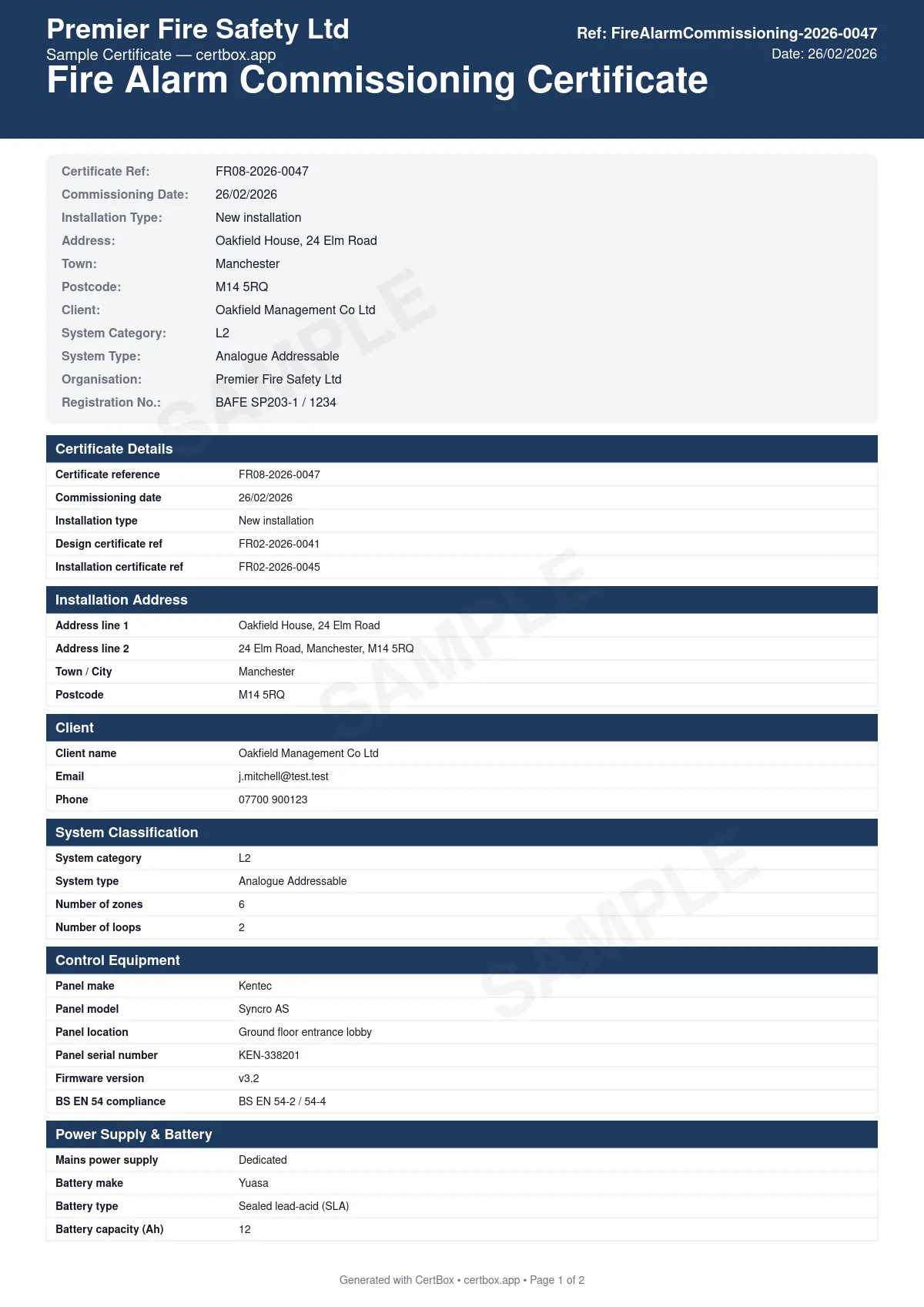 Sample Fire Alarm Commissioning Certificate (BS 5839-1) certificate created with CertBox, showing the professional PDF layout with individual device activation tests, sounder db measurements per area, battery standby and alarm duration