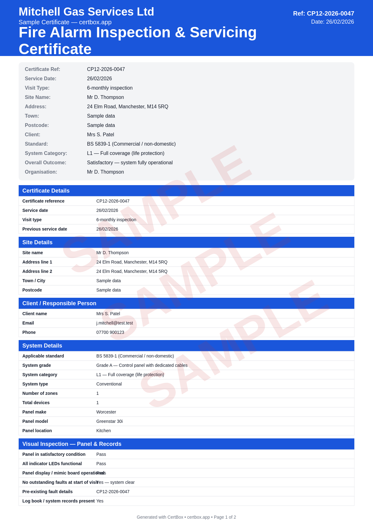 Sample Fire Alarm Inspection & Servicing Certificate certificate created with CertBox, showing the professional PDF layout with visual inspection of panel and devices, functional testing per zone, battery voltage and condition