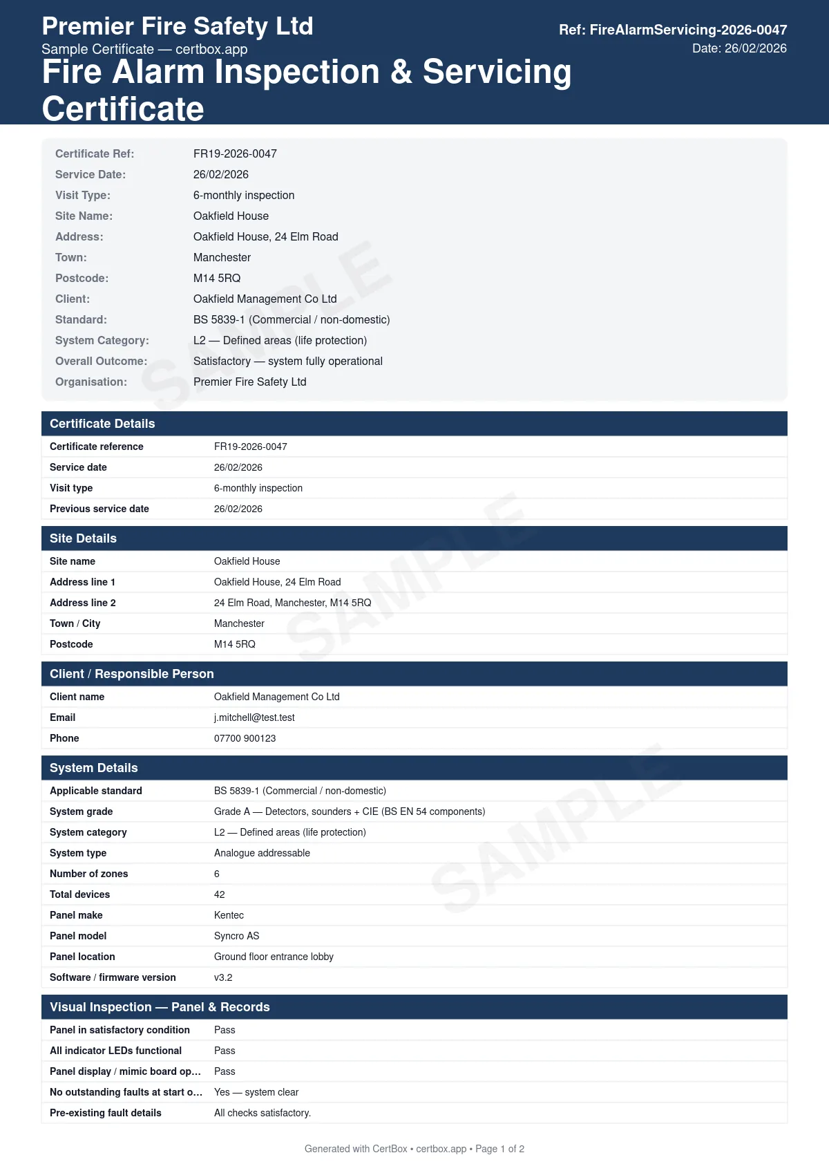 Sample Fire Alarm Inspection & Servicing Certificate certificate created with CertBox, showing the professional PDF layout with visual inspection of panel and devices, functional testing per zone, battery voltage and condition
