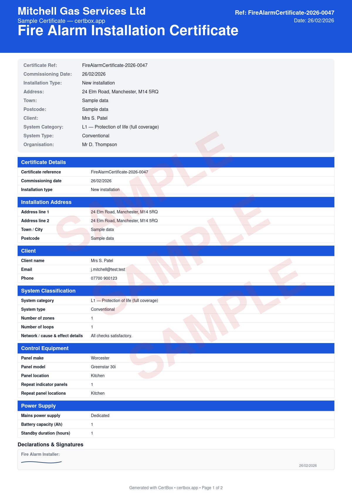 Sample Fire Alarm Installation Certificate certificate created with CertBox, showing the professional PDF layout with system type and category (l1, l2, l3, ld1, ld2, ld3), zone and device layout, detector and sounder locations