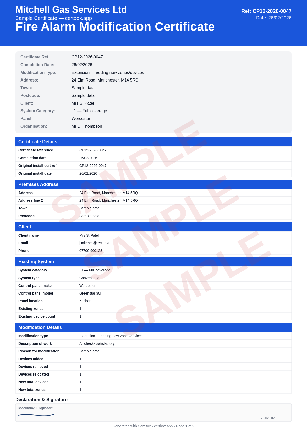 Sample Fire Alarm Modification Certificate (BS 5839-1) certificate created with CertBox, showing the professional PDF layout with existing system details, modification scope and device changes, compatibility confirmation