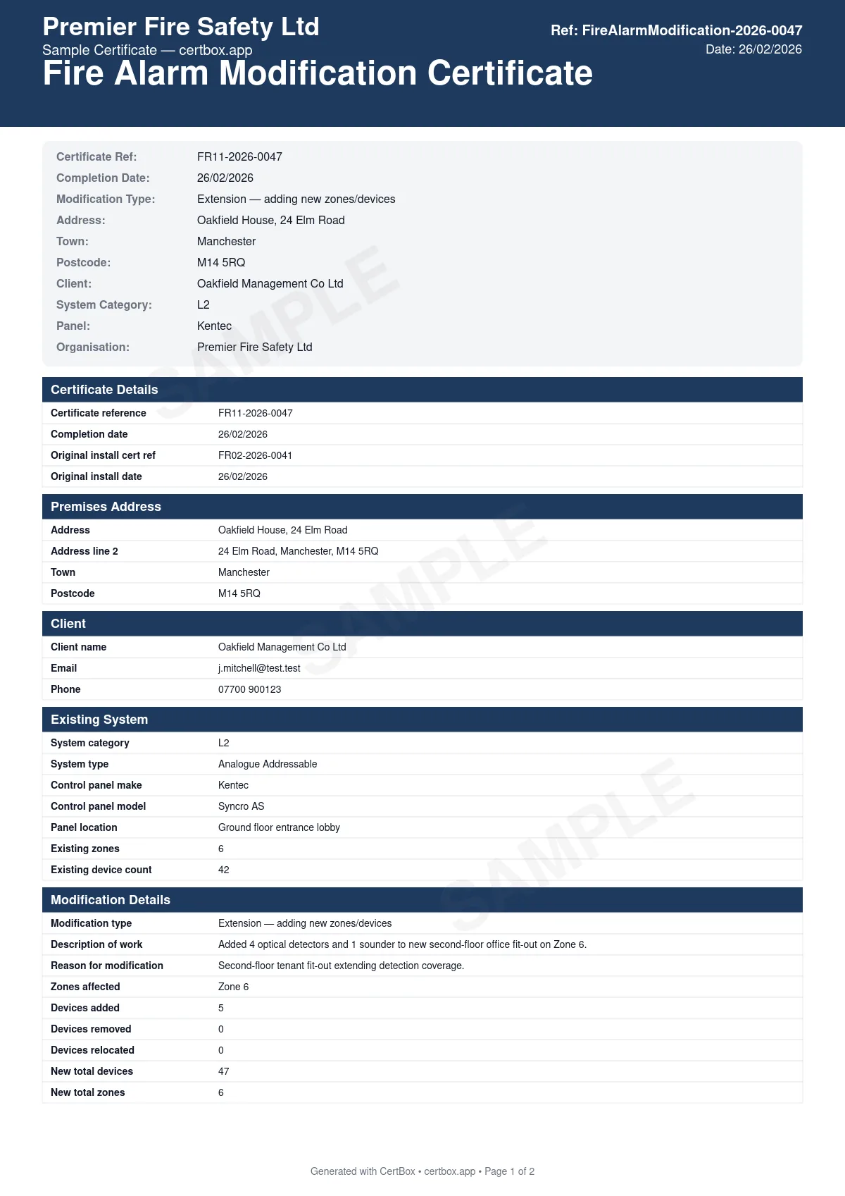Sample Fire Alarm Modification Certificate (BS 5839-1) certificate created with CertBox, showing the professional PDF layout with existing system details, modification scope and device changes, compatibility confirmation