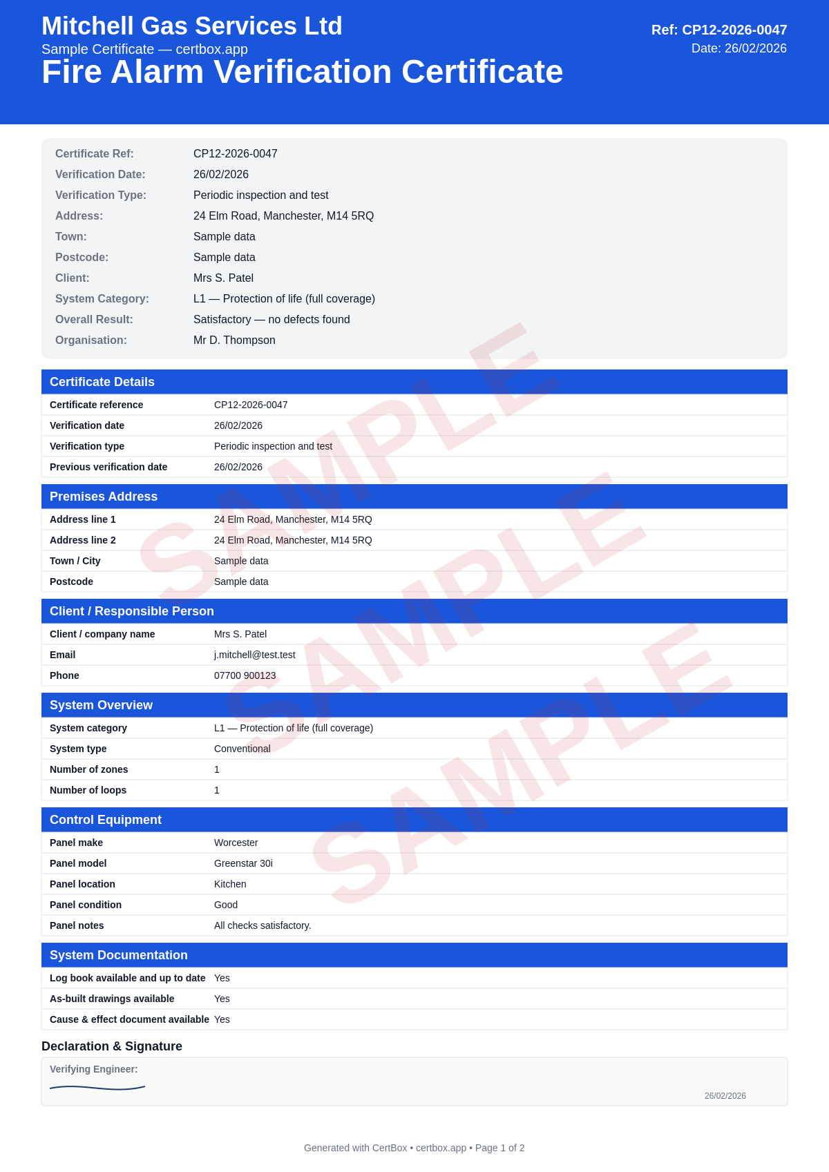 Sample Fire Alarm Verification Certificate (BS 5839-1) certificate created with CertBox, showing the professional PDF layout with visual inspection of all components, functional testing of each zone, sounder level measurements