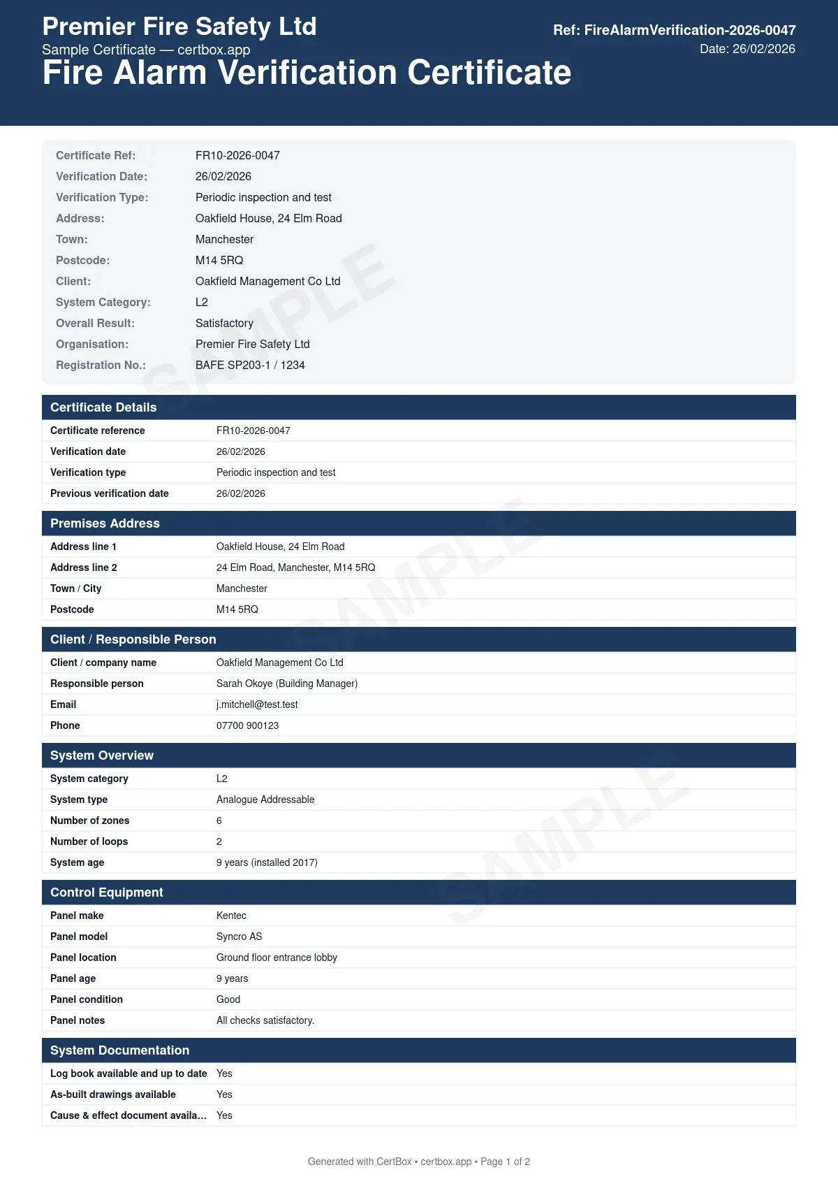 Sample Fire Alarm Verification Certificate (BS 5839-1) certificate created with CertBox, showing the professional PDF layout with visual inspection of all components, functional testing of each zone, sounder level measurements