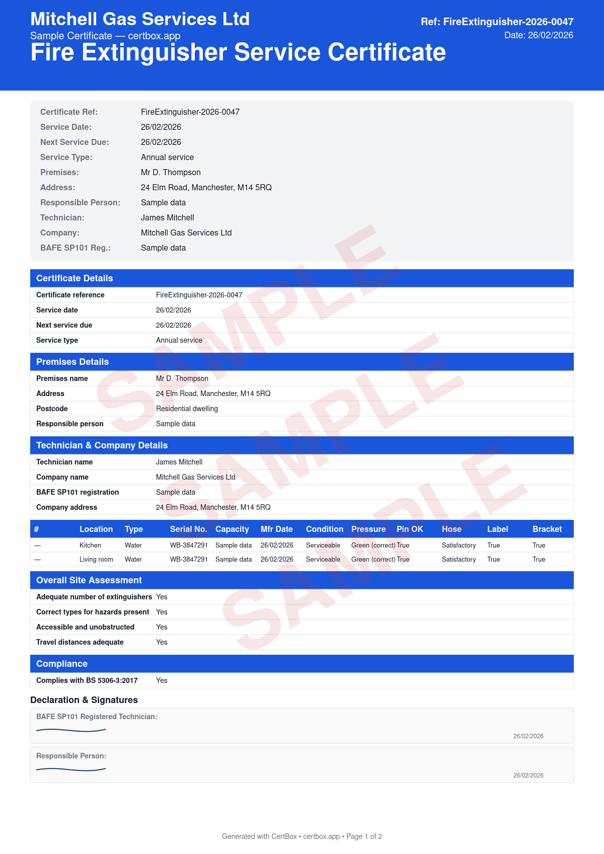 Sample Fire Extinguisher Service Certificate certificate created with CertBox, showing the professional PDF layout with extinguisher type, size, and location, pressure gauge reading, condition of body, hose, and nozzle