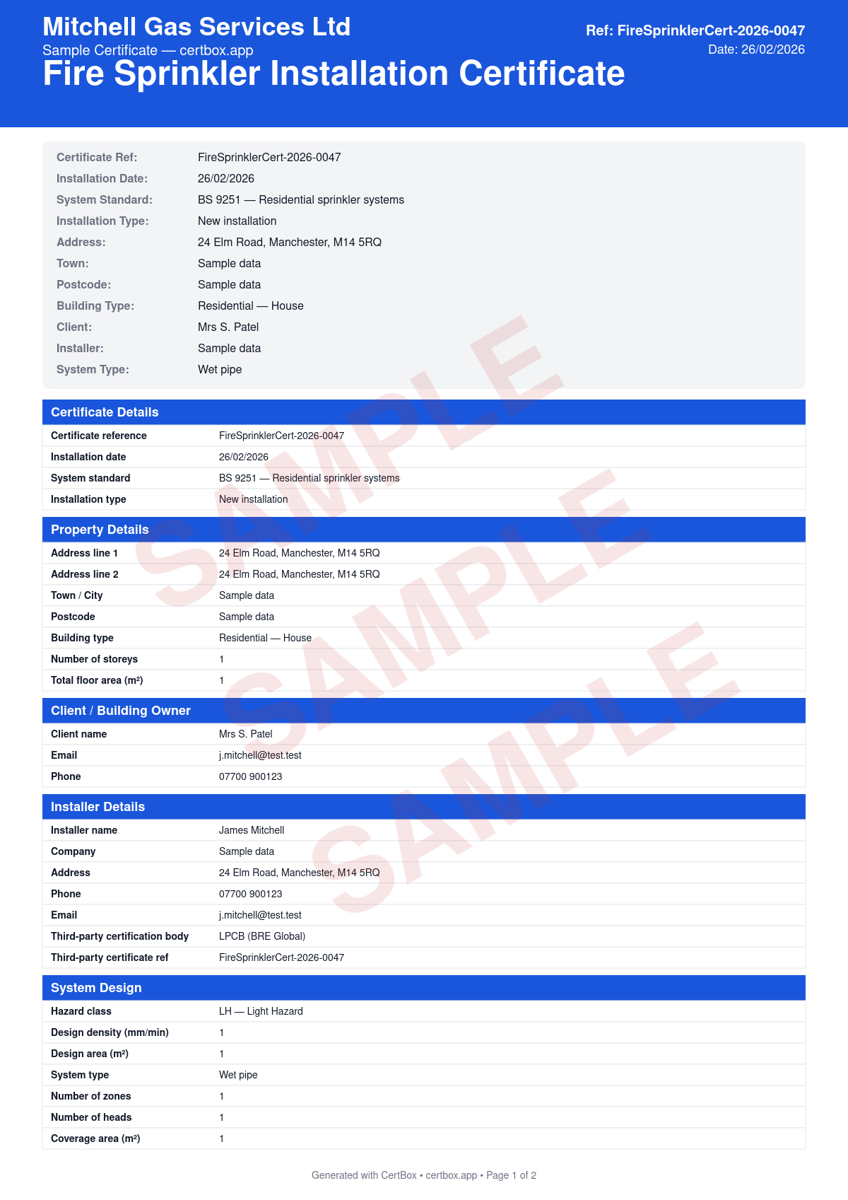 Sample Fire Sprinkler Installation Certificate certificate created with CertBox, showing the professional PDF layout with system design and hazard classification, water supply type and adequacy, sprinkler head layout and coverage