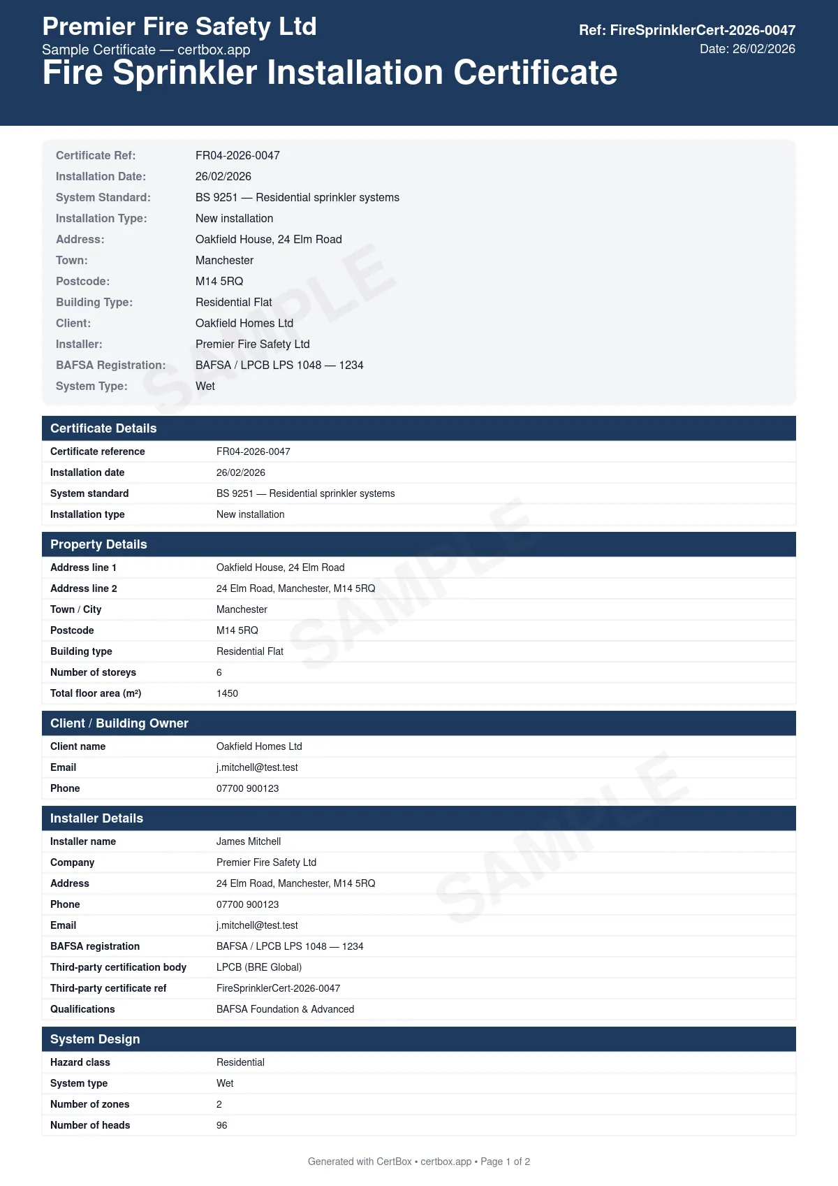Sample Fire Sprinkler Installation Certificate certificate created with CertBox, showing the professional PDF layout with system design and hazard classification, water supply type and adequacy, sprinkler head layout and coverage