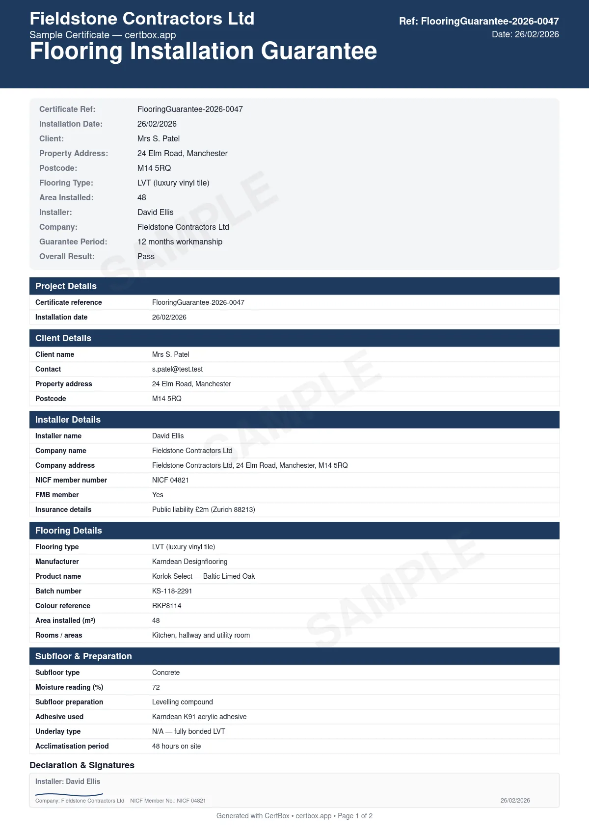 Sample Flooring Installation Guarantee certificate created with CertBox, showing the professional PDF layout with flooring type, manufacturer, and product, subfloor type and moisture readings, subfloor preparation method