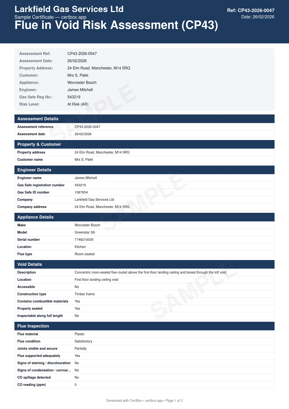 Sample Flue in Void Risk Assessment (CP43) certificate created with CertBox, showing the professional PDF layout with flue route identification through voids, joint accessibility assessment, risk classification per tb 008 (satisfactory / at risk / immediately dangerous)