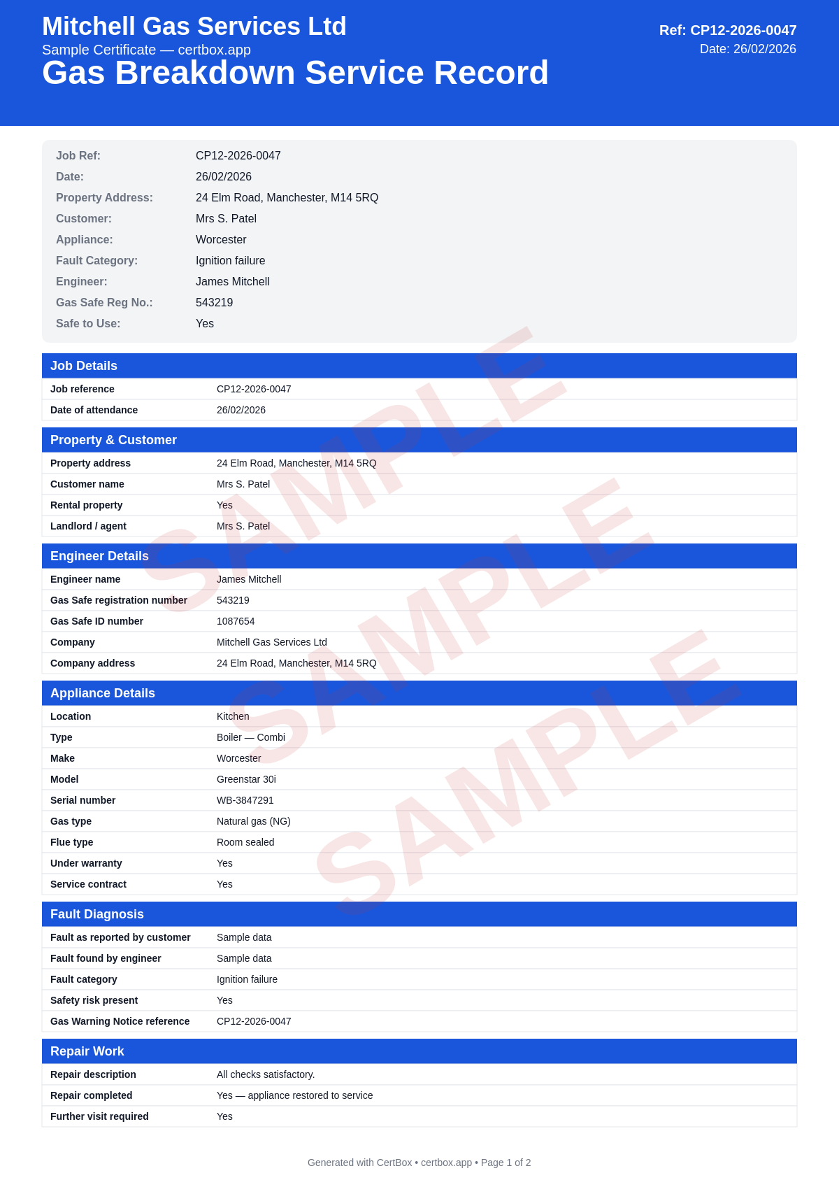 Sample Gas Breakdown Service Record certificate created with CertBox, showing the professional PDF layout with appliance details and fault symptoms reported, fault diagnosis and root cause, repair work carried out and parts replaced