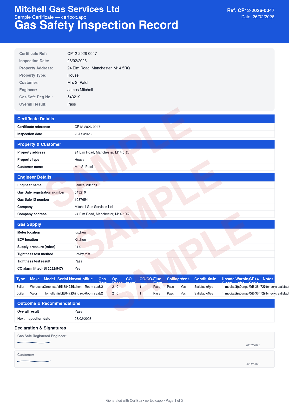 Sample Gas Safety Inspection Record (CP4) certificate created with CertBox, showing the professional PDF layout with gas meter and emergency control valve check, installation pipework tightness test, each appliance safety assessment