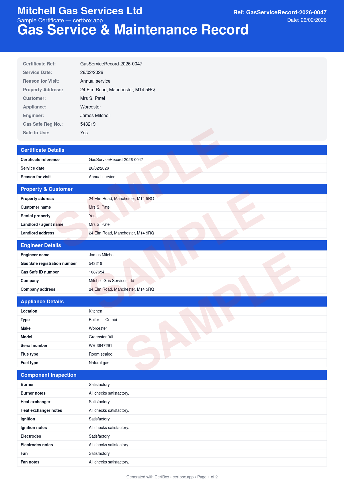 Sample Gas Service & Maintenance Record certificate created with CertBox, showing the professional PDF layout with appliance identification and location, component inspection (burner, heat exchanger, ignition, electrodes, fan, pcb), gas tightness test
