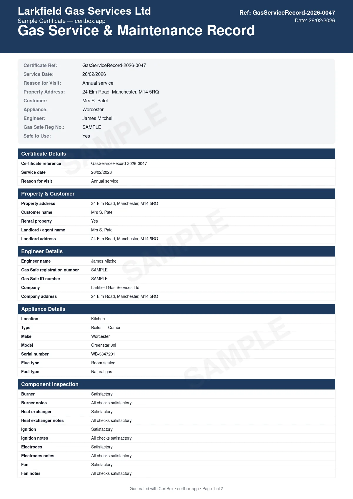 Sample Gas Service & Maintenance Record certificate created with CertBox, showing the professional PDF layout with appliance identification and location, component inspection (burner, heat exchanger, ignition, electrodes, fan, pcb), gas tightness test