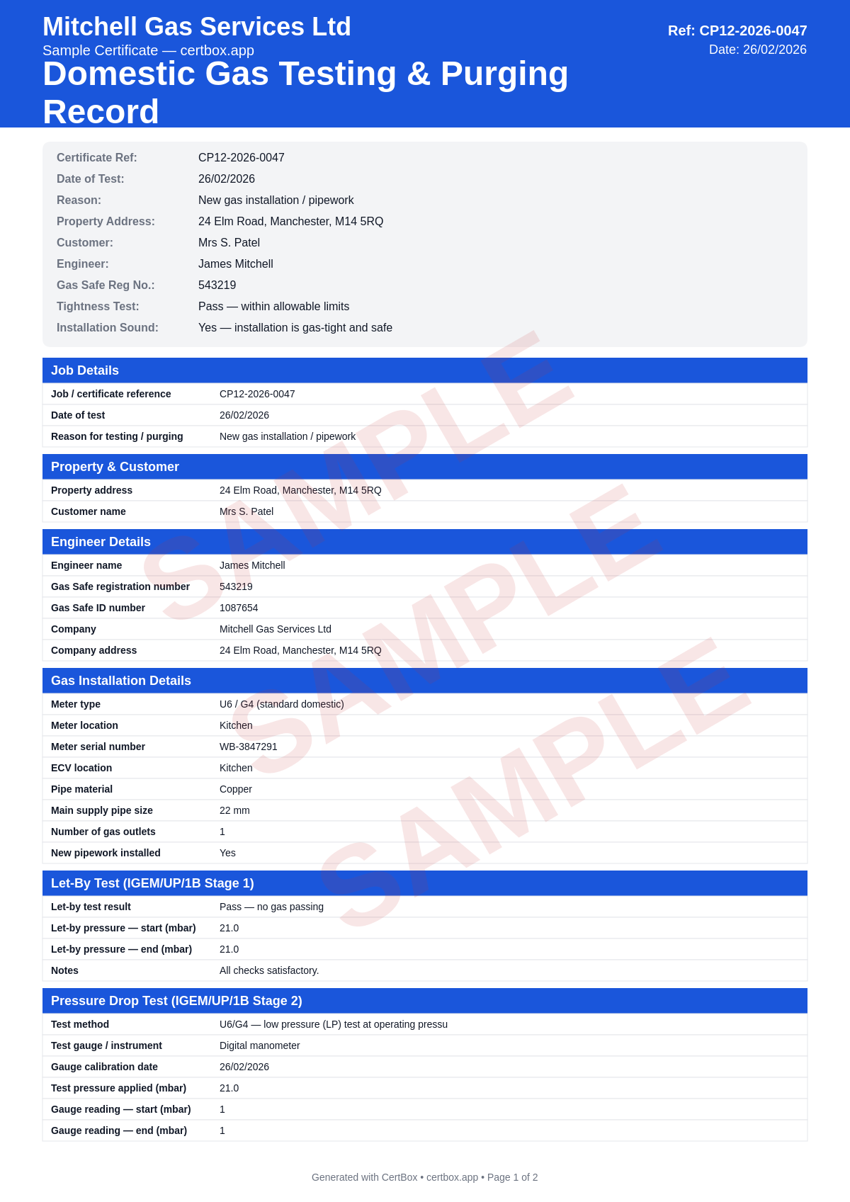 Sample Domestic Gas Testing & Purging Record certificate created with CertBox, showing the professional PDF layout with meter type and location, emergency control valve (ecv) location, let-by test result