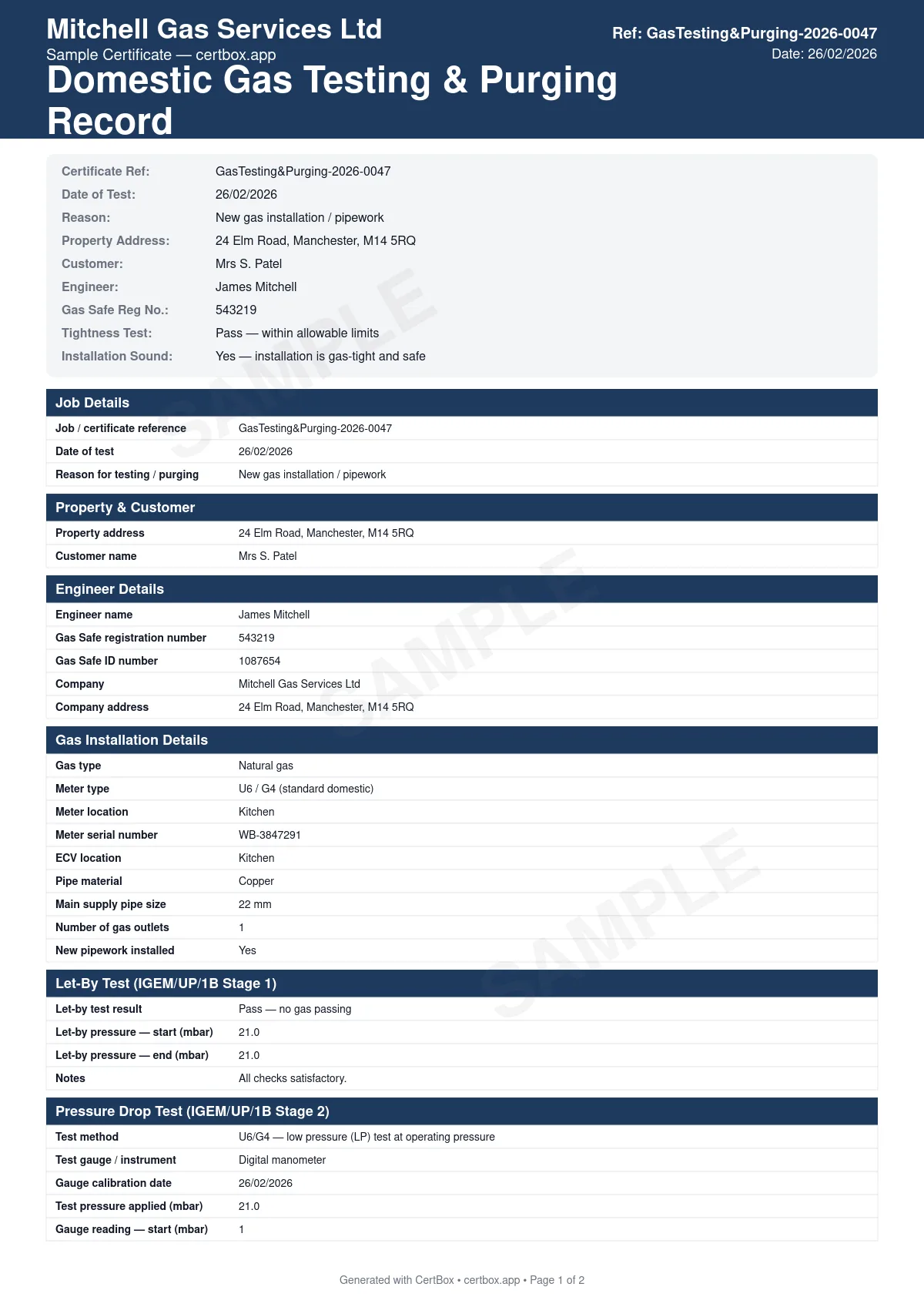 Sample Domestic Gas Testing & Purging Record certificate created with CertBox, showing the professional PDF layout with meter type and location, emergency control valve (ecv) location, let-by test result