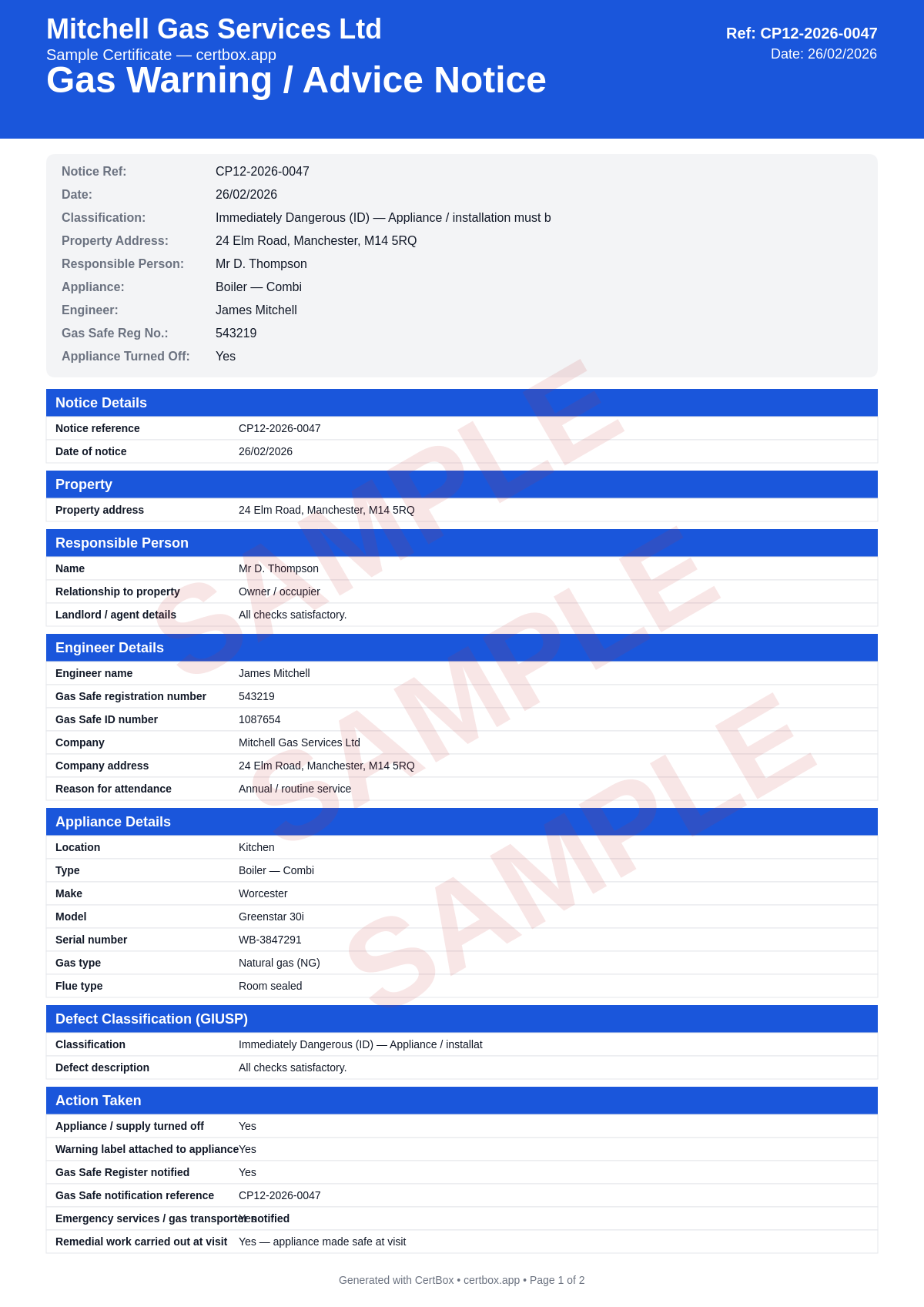 Sample Gas Warning / Advice Notice certificate created with CertBox, showing the professional PDF layout with defect classification (immediately dangerous, at risk, not to current standard), detailed description of the defect and associated risk, action taken (appliance disconnected, turned off, or left in use with advice)