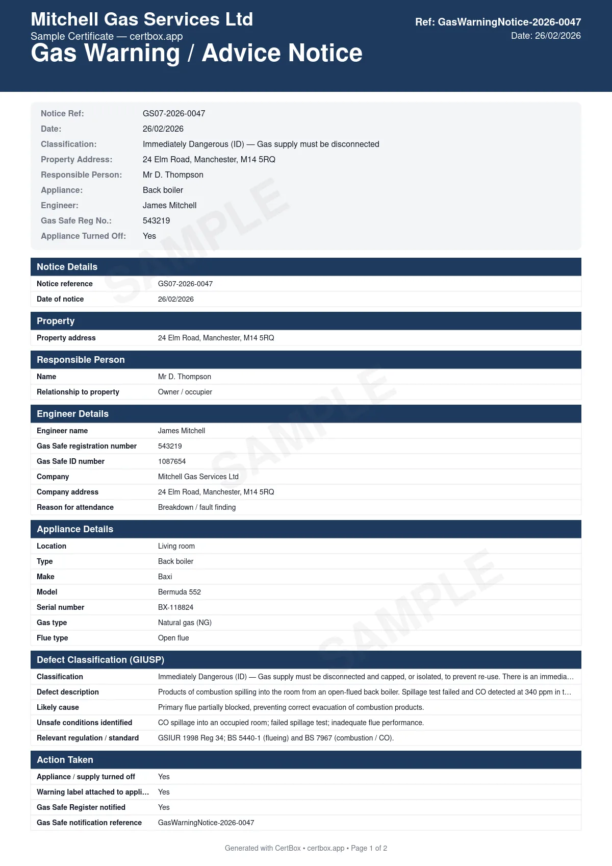 Sample Gas Warning / Advice Notice certificate created with CertBox, showing the professional PDF layout with unsafe situation classification (immediately dangerous or at risk under the giusp), detailed description of the defect and associated risk, action taken (appliance disconnected, turned off, or left in use with advice)
