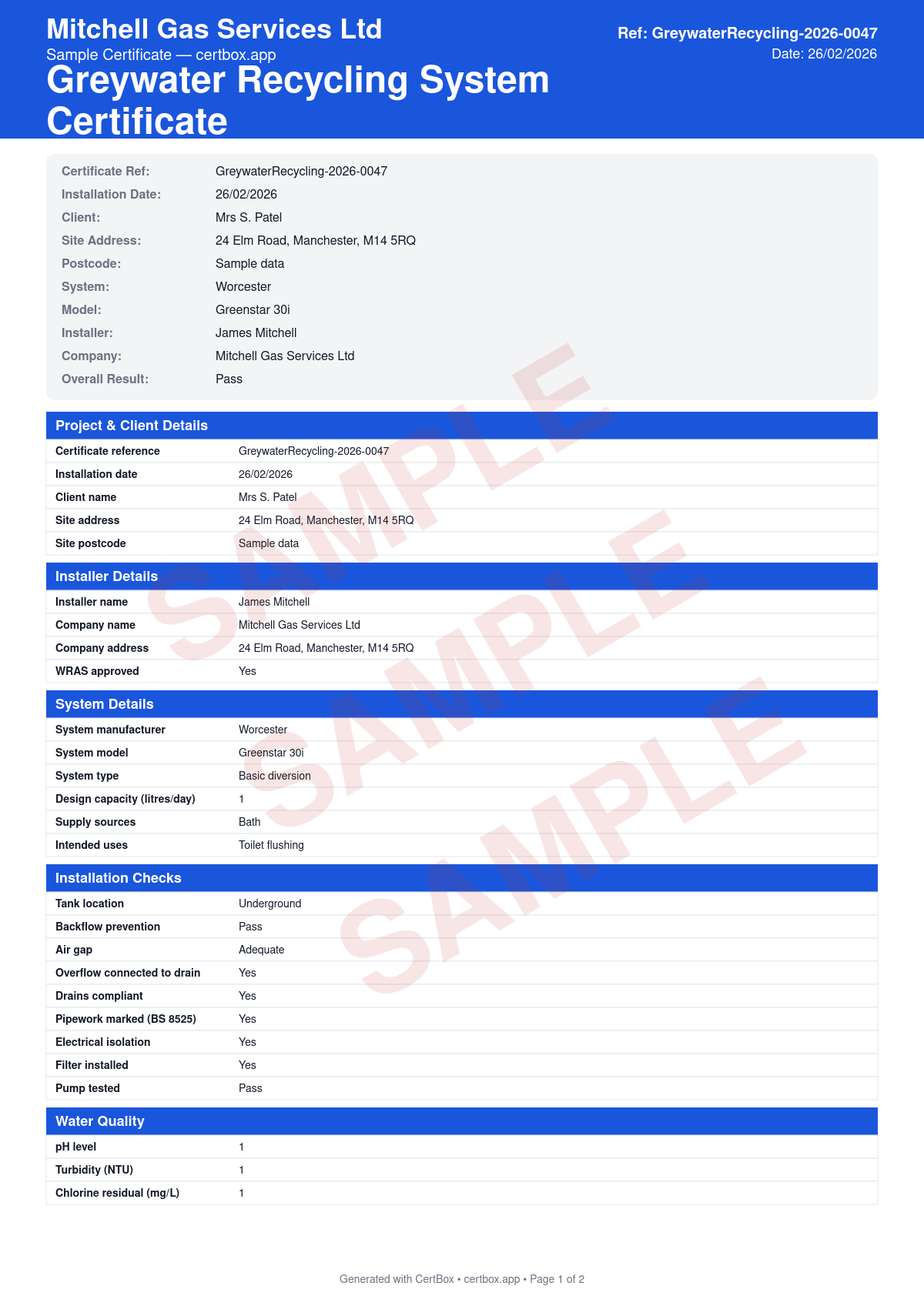 Sample Greywater Recycling System Certificate certificate created with CertBox, showing the professional PDF layout with system type (diversion, short retention, biological), treatment process and capacity, water quality testing (ph, turbidity)