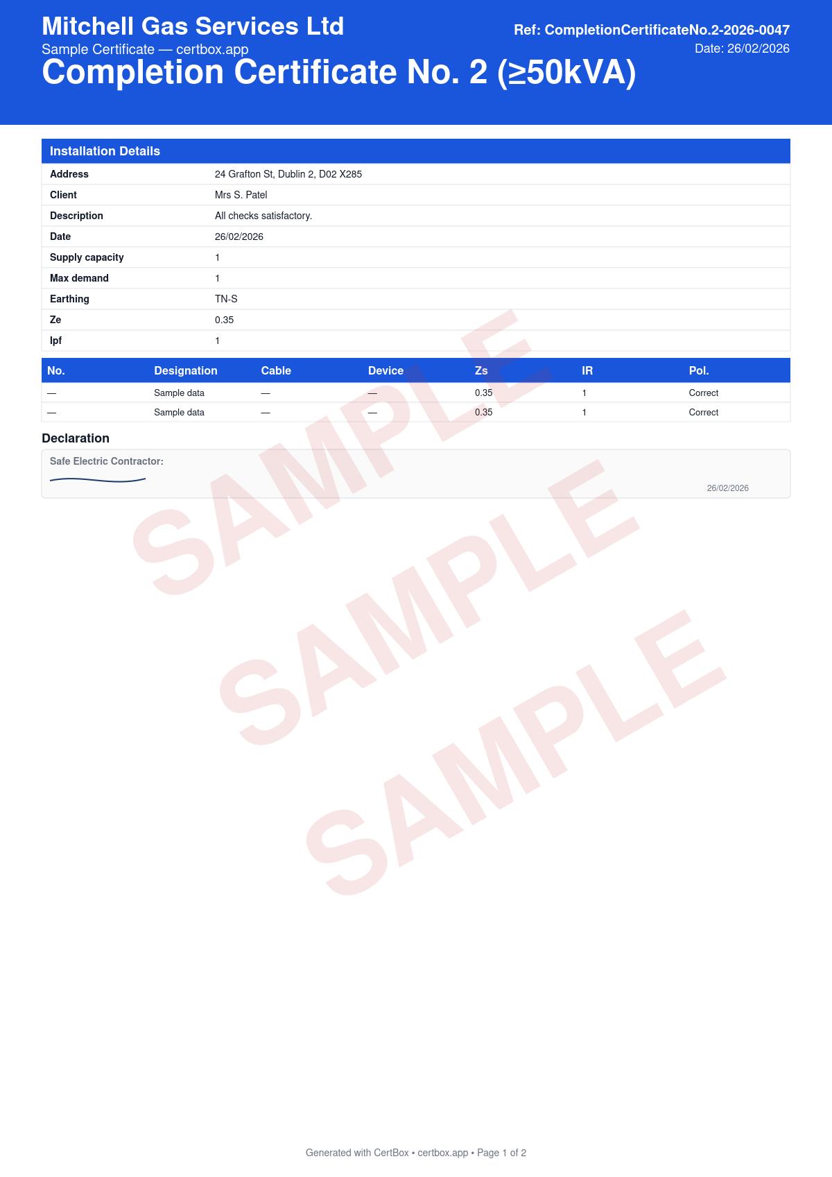 Sample Completion Certificate (>=50kVA) certificate created with CertBox, showing the professional PDF layout with installation address, client details, and description of work, earthing system and three-phase supply characteristics, supply capacity (kva) and maximum demand