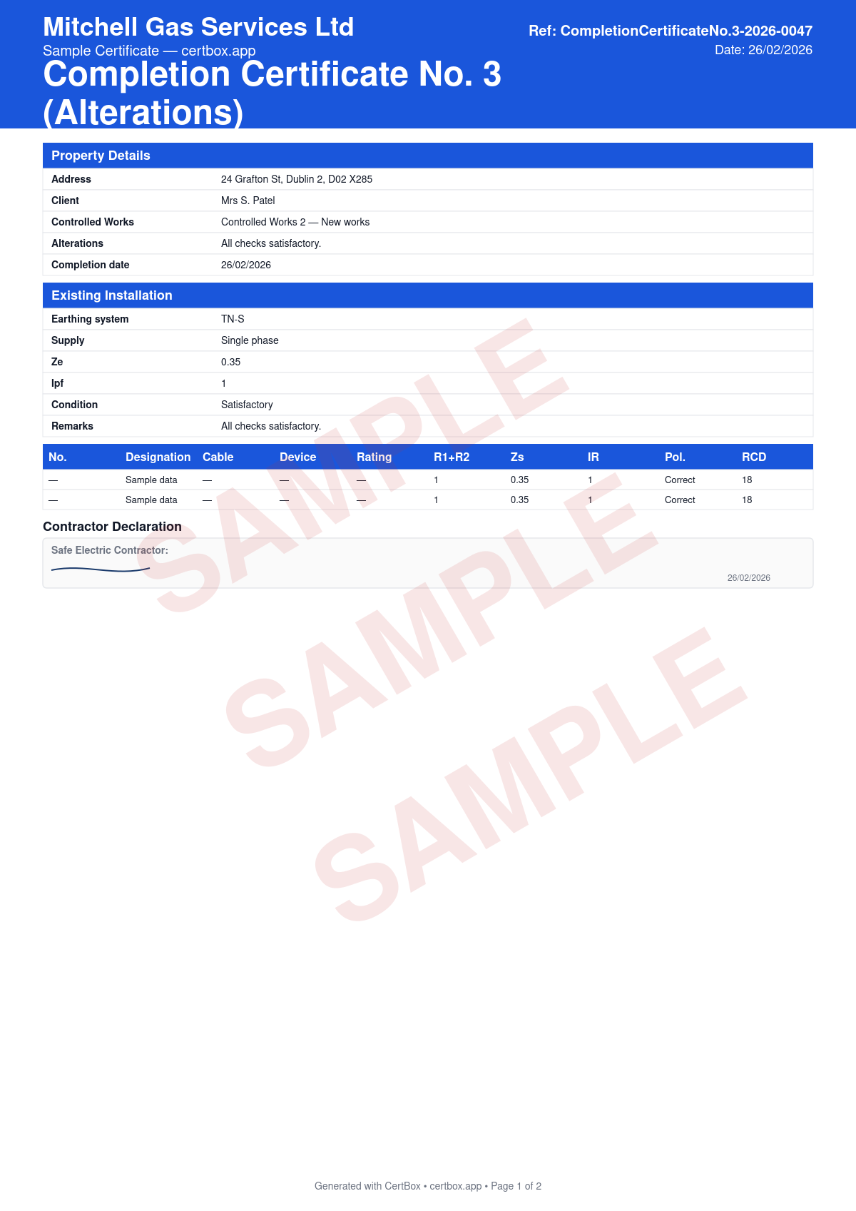 Sample Completion Certificate No. 3 (Alterations) certificate created with CertBox, showing the professional PDF layout with description of the alterations carried out, existing installation earthing system and supply characteristics, condition assessment of the existing installation (satisfactory / unsatisfactory)