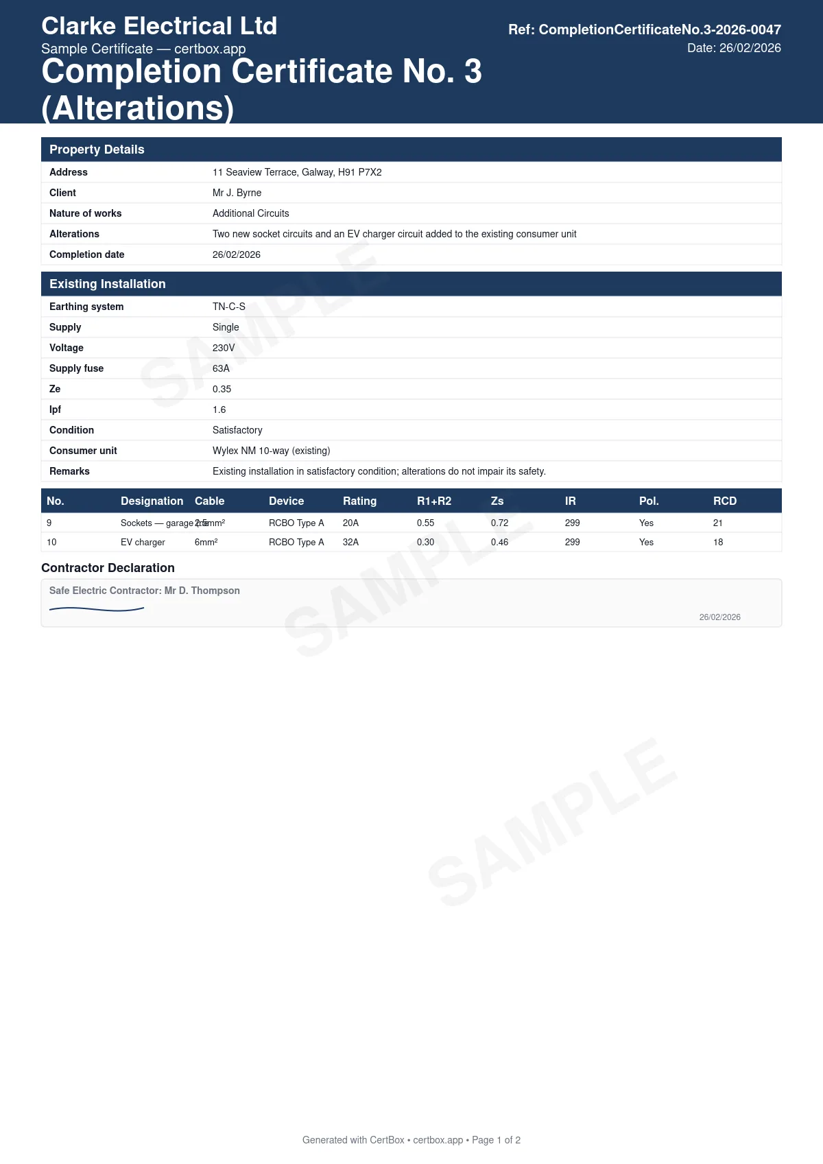 Sample Completion Certificate No. 3 (Alterations) certificate created with CertBox, showing the professional PDF layout with description of the alterations carried out, existing installation earthing system and supply characteristics, condition assessment of the existing installation (satisfactory / unsatisfactory)