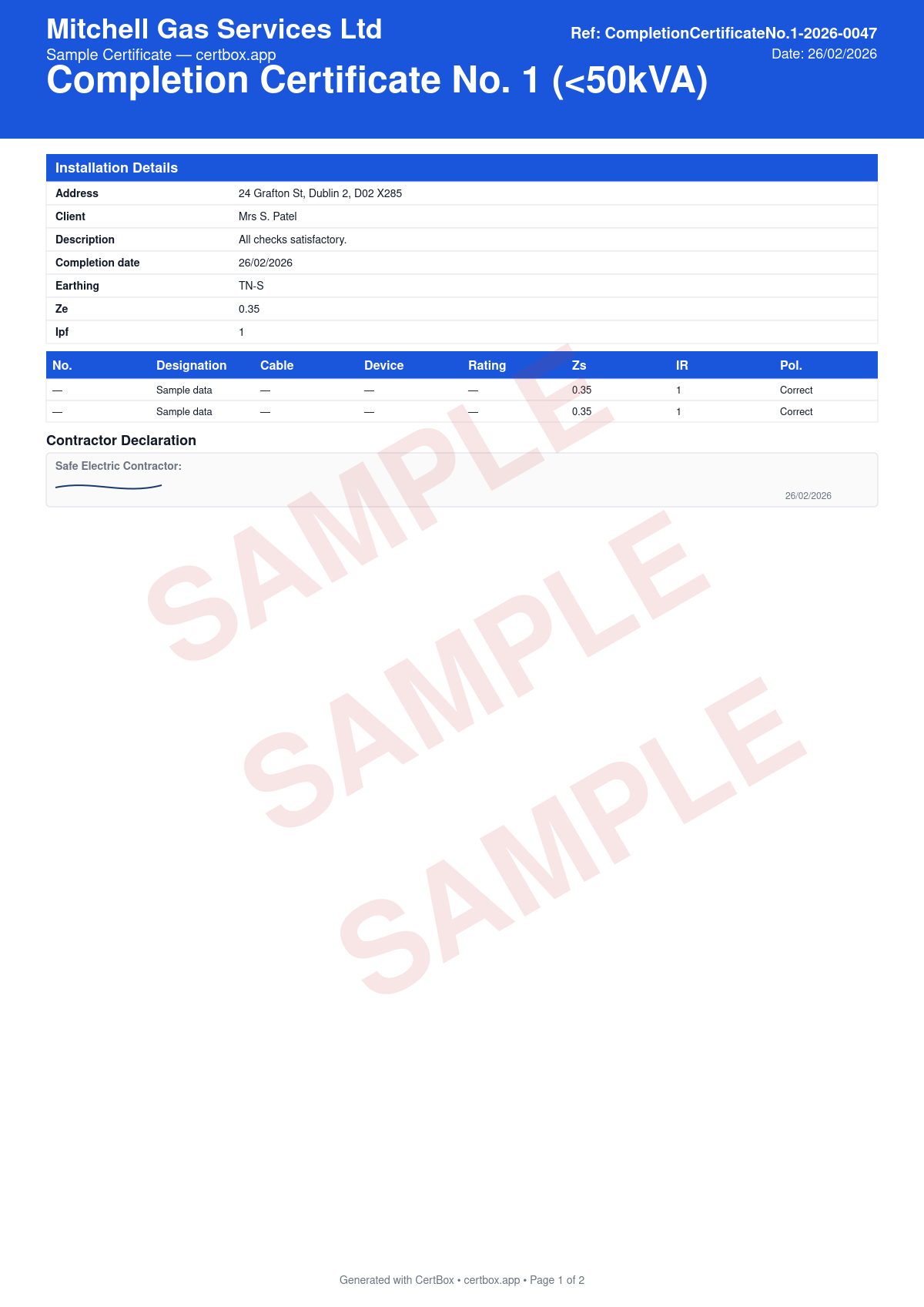 Sample Completion Certificate (Sub-50kVA) certificate created with CertBox, showing the professional PDF layout with installation address, client details, and description of work, earthing system (tn-s, tn-c-s, tt) and supply characteristics, ze at origin and prospective fault current (ipf)