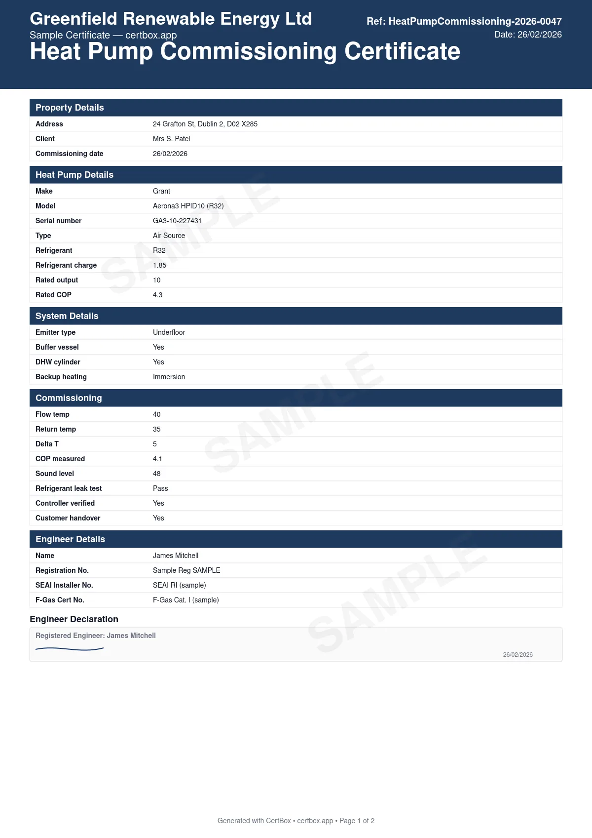 Sample Heat Pump Commissioning Certificate certificate created with CertBox, showing the professional PDF layout with heat pump make, model, serial number, and type (air / ground / water source), refrigerant type, charge (kg), rated output (kw), and rated cop, emitter type (radiators, underfloor heating, fan coil, mixed)