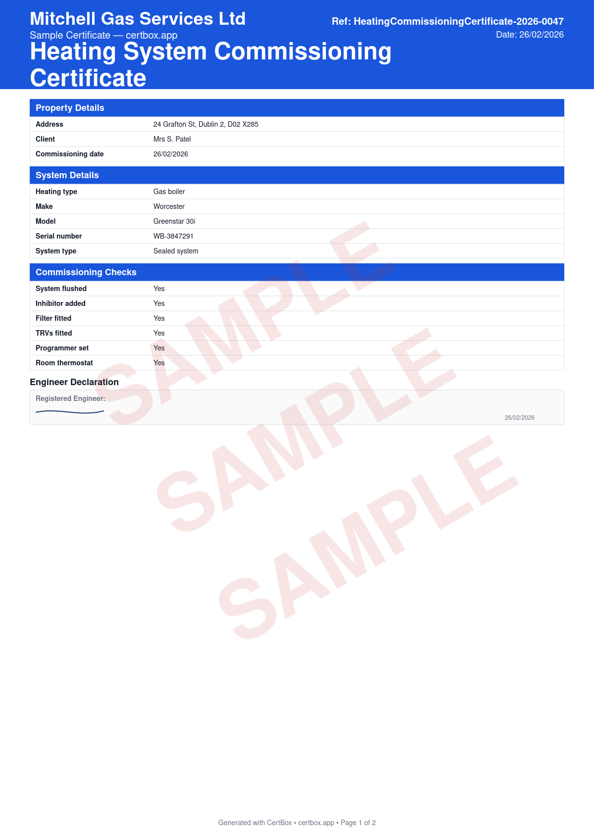 Sample Heating System Commissioning Certificate certificate created with CertBox, showing the professional PDF layout with heating type (gas, oil, heat pump, electric) and system type (sealed / open vented), boiler make, model, serial number, and output (kw), system flush and inhibitor treatment with inhibitor type