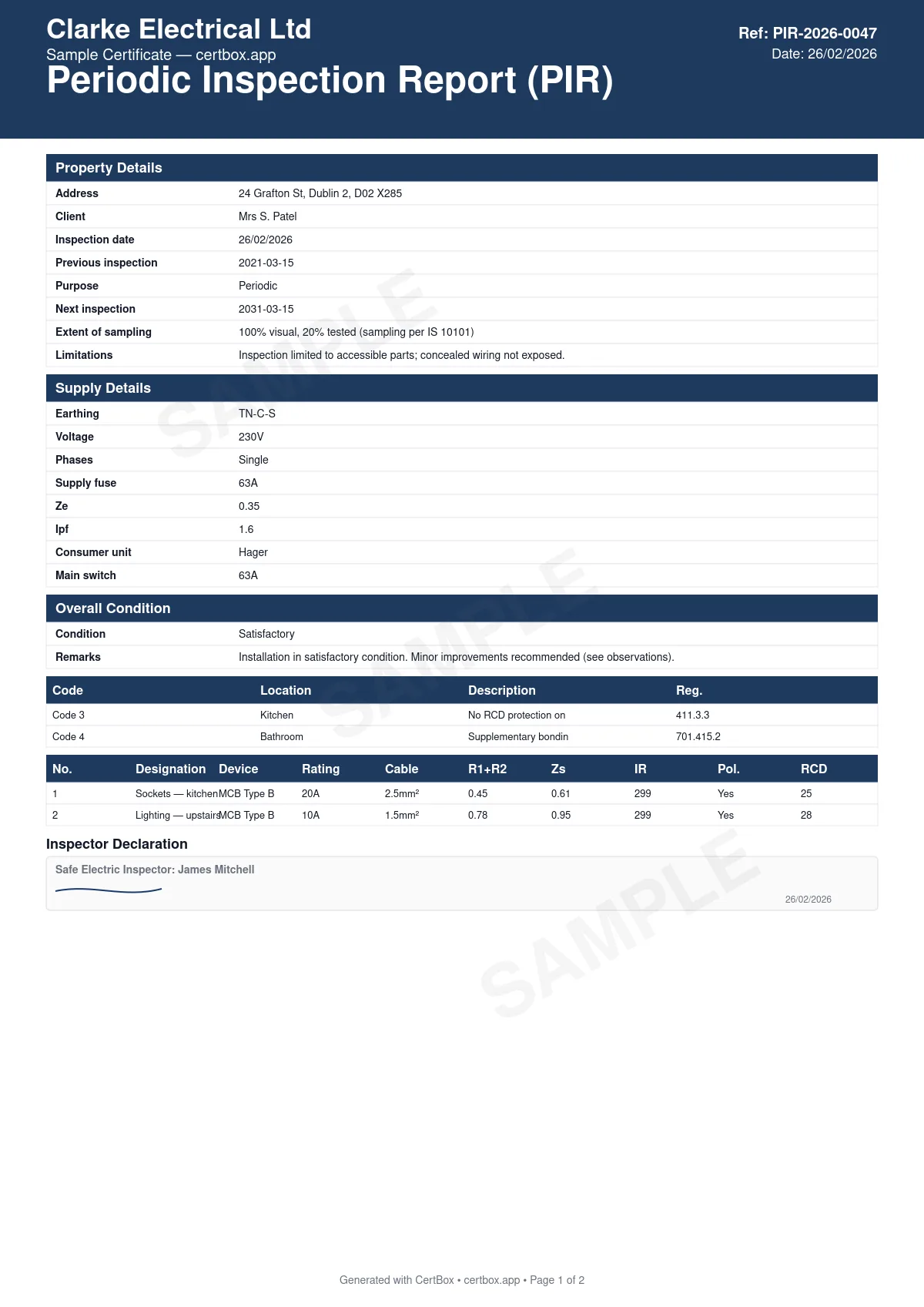 Sample Periodic Inspection Report (PIR) certificate created with CertBox, showing the professional PDF layout with purpose of report and inspection date, supply details including earthing system, ze, and prospective fault current, consumer unit make, type, and main switch rating
