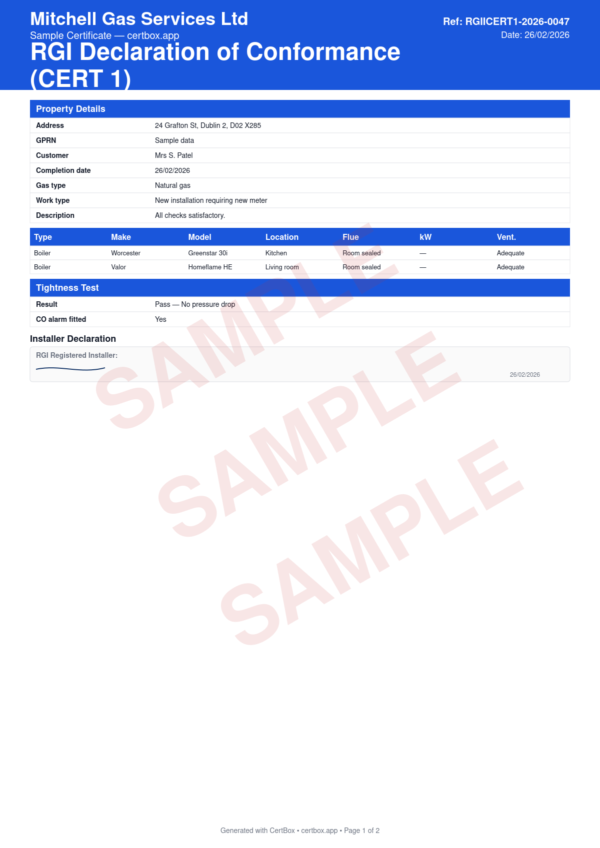 Sample RGII Certificate of Compliance (CERT 1) certificate created with CertBox, showing the professional PDF layout with property and customer details with eircode, gas type (natural gas or lpg) and type of work, description of pipework including material and sizes