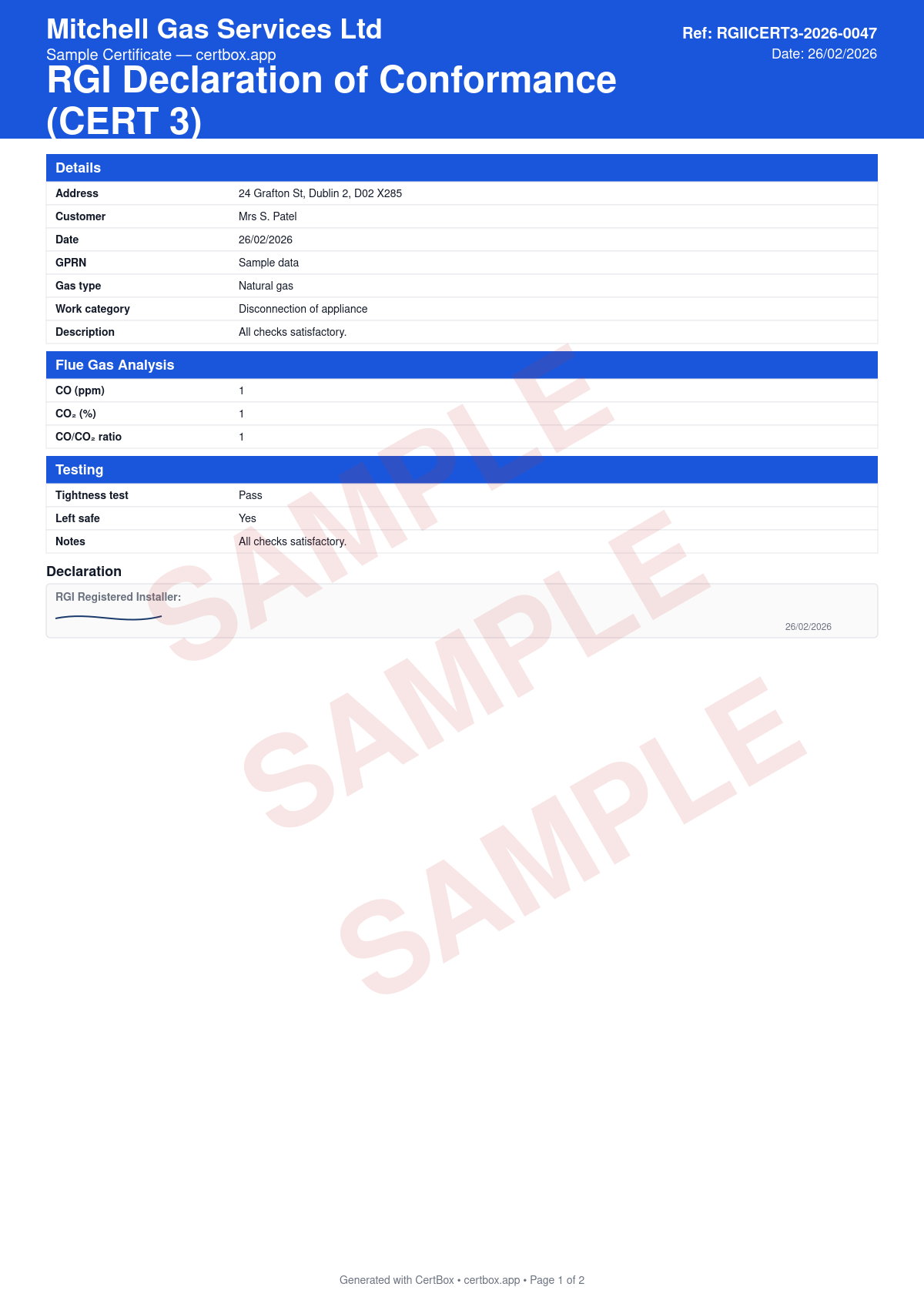 Sample RGII Certificate of Compliance (CERT 3) certificate created with CertBox, showing the professional PDF layout with property and customer details, gas type and category of work (disconnection, reconnection, purging, emergency repair), full description of work carried out