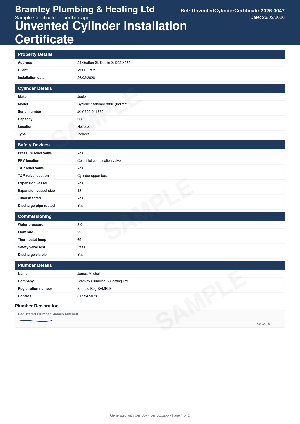 Sample Unvented Cylinder Installation Certificate certificate created with CertBox, showing the professional PDF layout with cylinder make, model, serial number, capacity, and type (direct/indirect), safety devices: pressure relief valve, t&p relief valve, expansion vessel, and tundish, discharge pipe routing confirmation